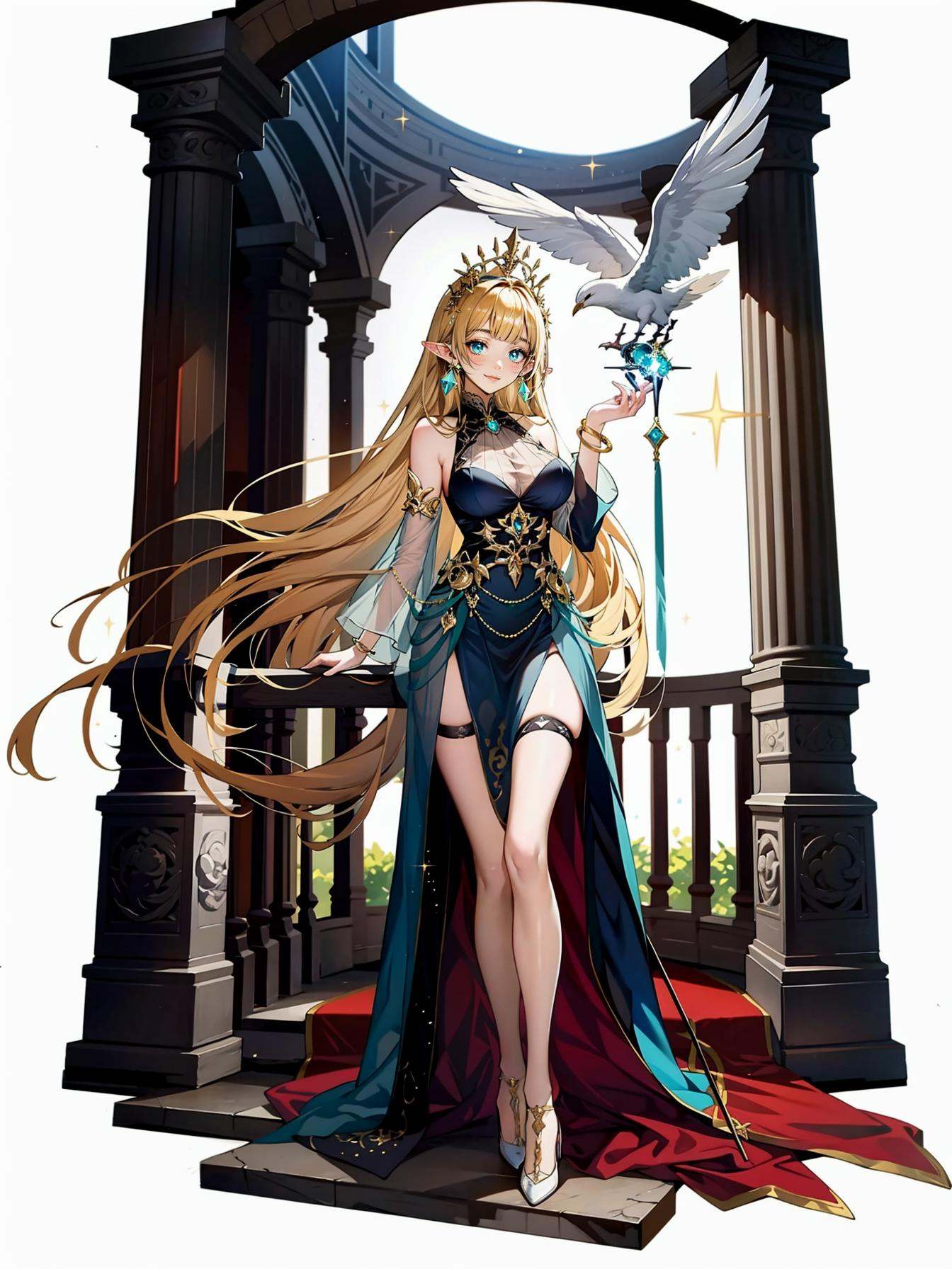 hezi,Japanese and Korean art,game characters,special effects,1girl,long hair,dress,solo,breasts,full body,staff,holding,high heels,bird,white dress,jewelry,holding staff,blue eyes,white footwear,white background,crown,stairs,looking at viewer,standing,bare shoulders,detached sleeves,wings,very long hair,blunt bangs,blonde hair,thighlet,pillar,smile,brown hair,sleeveless dress,bracelet,earrings,sparkle,hand up,large breasts,simple background,dove,thigh strap,medium breasts,sleeveless,gold trim,pointy ears,gem,closed mouth,blue dress,transparent background,aqua eyes,see-through,<lora:日韩立﷿-000013:0.7>,