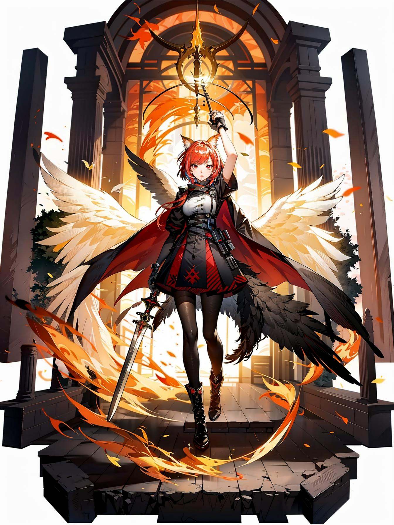hezi, Japanese and Korean art, game characters, special effects, fiammetta \(arknights\), 1girl, red eyes, weapon, red hair, bird tail, sword, bird girl, full body, short hair, looking at viewer, wings, holding weapon, feather hair, holding, bird, boots, gloves, tail, fire, multicolored hair, gun, bird ears, skirt, arm up, standing, black footwear, cape, breasts, holding sword, solo, two-tone hair, transparent background, pantyhose, animal ears, shirt,<lora:日韩立﷿-000013:0.7>,