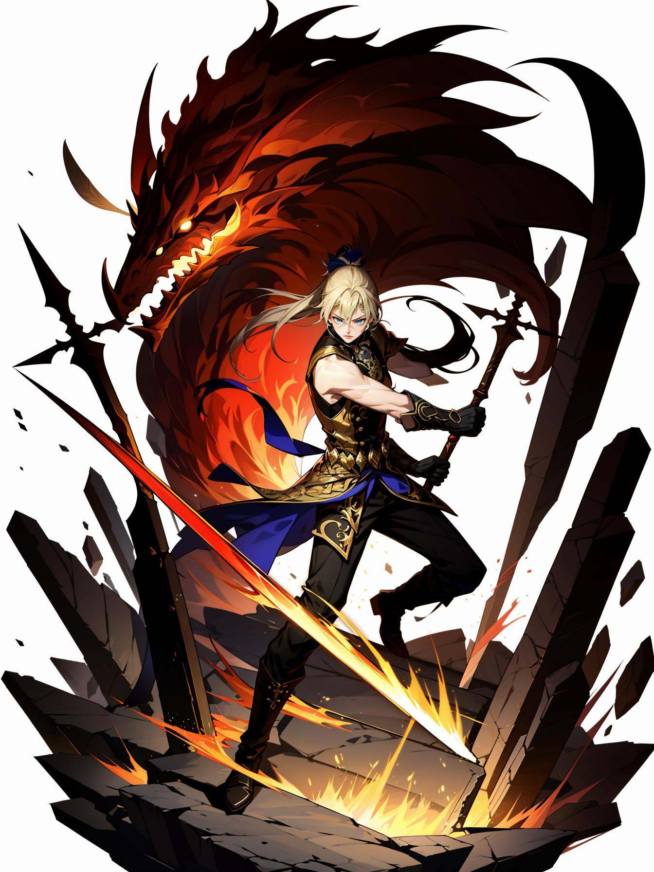 hezi, Japanese and Korean art, game characters, special effects, weapon, holding, holding weapon, male focus, long hair, 1boy, white background, gloves, polearm, full body, black footwear, pants, holding polearm, boots, sword, looking at viewer, holding sword, brown hair, black pants, ponytail, blonde hair, simple background, solo, white gloves, spear, hair between eyes, dual wielding, sleeveless, shirt, bow \(weapon\), black gloves, standing, fighting stance, closed mouth, blue eyes, black shirt, statue,<lora:日韩立﷿-000013:0.7>,