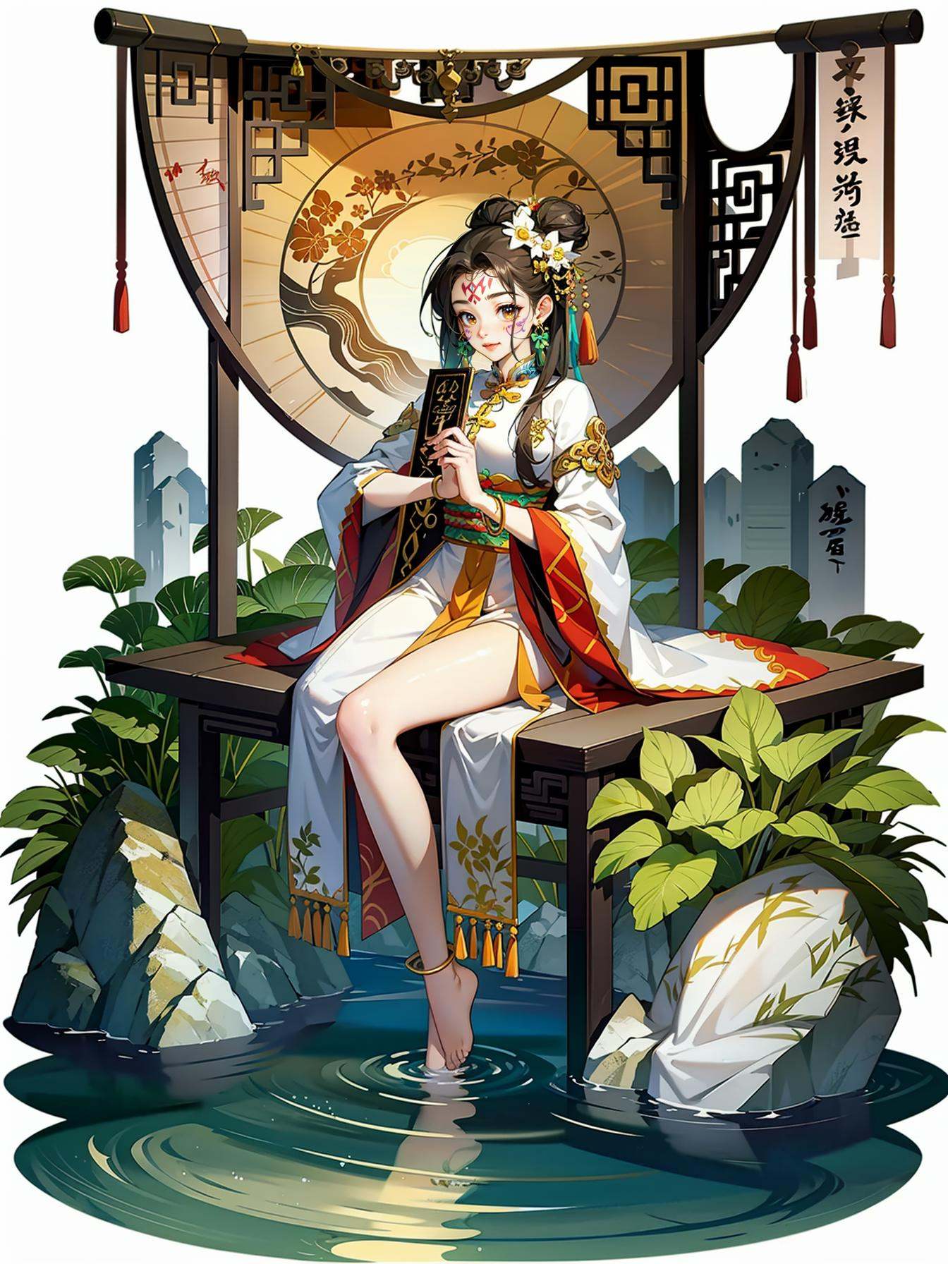 hezi, Japanese and Korean art, game characters, special effects, 1girl, barefoot, jewelry, anklet, solo, holding, sitting, hair ornament, forehead mark, white background, wide sleeves, facial mark, rock, full body, instrument, black hair, brown hair, long sleeves, bracelet, looking at viewer, chinese clothes, dress, water, simple background, tassel, hand fan, closed mouth, brown eyes, parted bangs, gold, earrings, flower, white dress, hair bun, smile, folding fan, hair flower, feet, chinese text,<lora:日韩立﷿-000013:0.7>,v