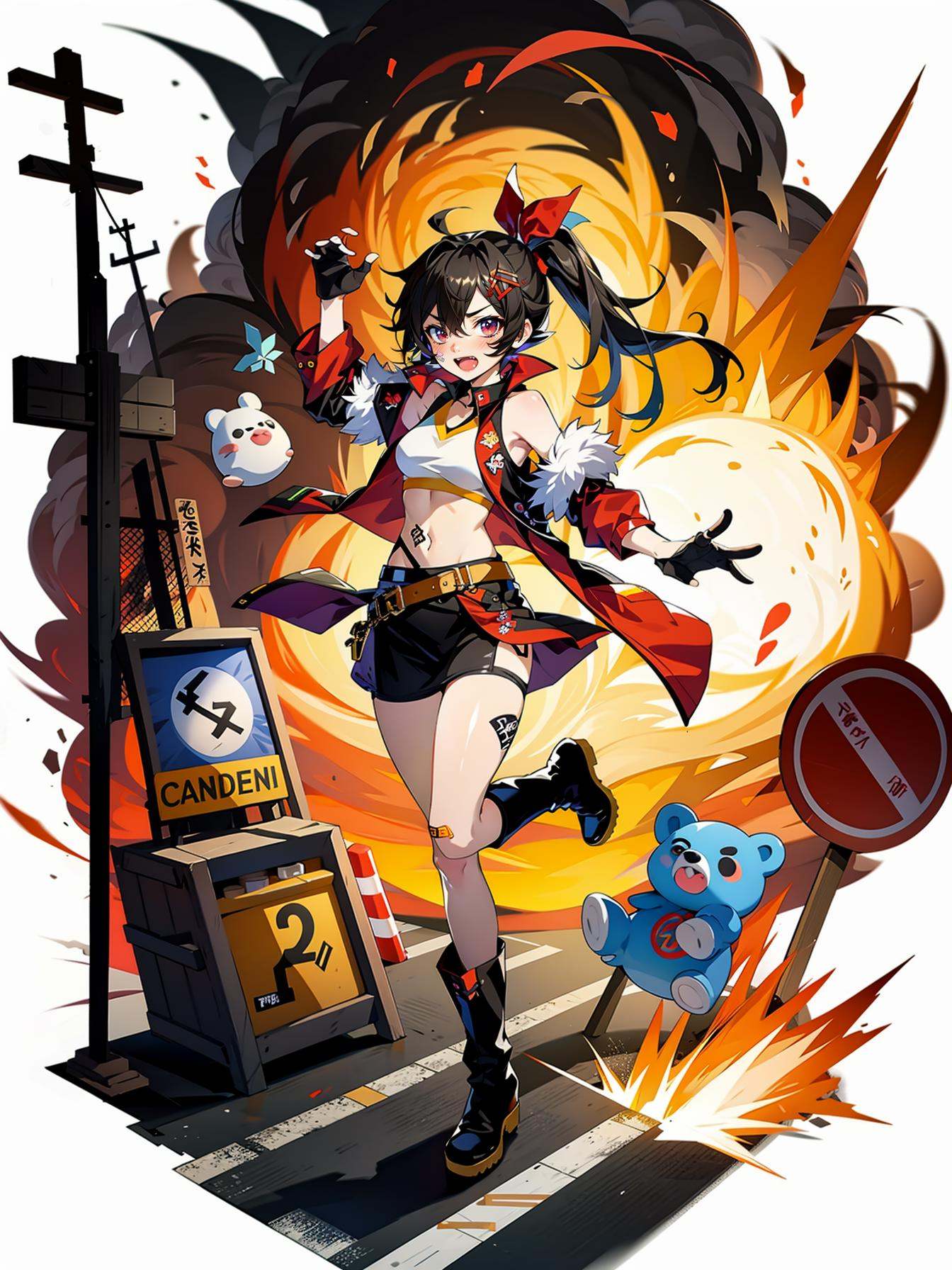 hezi,Japanese and Korean art,game characters,special effects,1girl,black hair,red eyes,thighhighs,single thighhigh,anger vein,open mouth,boots,gloves,sign,black footwear,black shorts,navel,road sign,detached sleeves,skirt,midriff,hair ornament,shorts,holding,long hair,white background,black gloves,bandaid,black thighhighs,fingerless gloves,solo,black skirt,looking at viewer,asymmetrical legwear,bare shoulders,belt,full body,side ponytail,red ribbon,explosion,blush,teeth,red jacket,uneven legwear,vest,ribbon,fang,angry,sleeveless,standing on one leg,jacket,weapon,crop top,teddy bear,warning sign,hair ribbon,hair between eyes,open clothes,<lora:日韩立﷿-000013:0.7>,