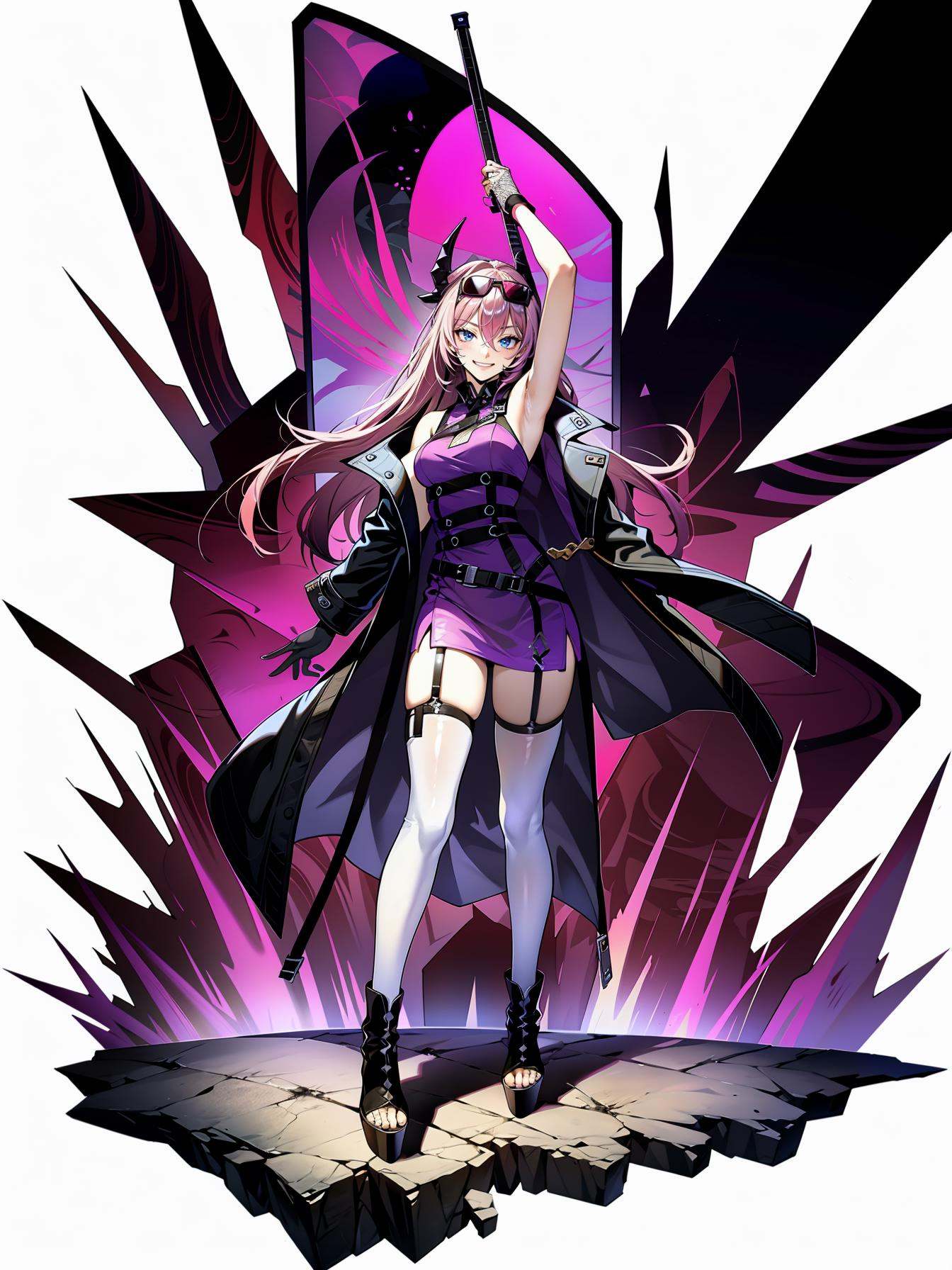 hezi, Japanese and Korean art, game characters, special effects, 1girl, solo, gloves, long hair, thighhighs, full body, jacket, white background, pink hair, arm up, fingerless gloves, eyewear on head, holding, instrument, boots, platform footwear, jacket on shoulders, guitar, horns, armpits, simple background, sunglasses, purple-tinted eyewear, asymmetrical legwear, looking at viewer, holding instrument, very long hair, black footwear, single thighhigh, belt, black jacket, smile, purple gloves, purple footwear, purple dress, black gloves, dress, coat on shoulders, breasts, blue eyes, platform boots, garter straps, coat, socks, standing, bandages, sleeveless, purple jacket, shorts, tinted eyewear, grin, thigh strap, black coat, black thighhighs, hair between eyes, purple coat, mismatched legwear, purple thighhighs, single sock, high heels,<lora:日韩立﷿-000013:0.7>,