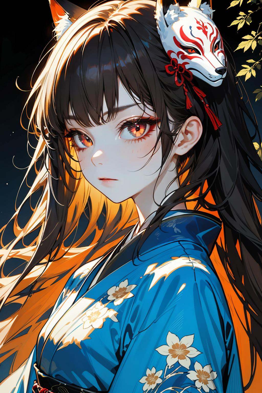hezi,brilliant color,brush texture,beauty,(masterpiece),(best quality),highly detailed,1girl,bangs,blunt bangs,brown eyes,brown hair,closed mouth,expressionless,floral print,fox mask,from side,hair ribbon,japanese clothes,kimono,long hair,mask,mask on head,portrait,print kimono,profile,red eyes,ribbon,solo,upper body,shrine,night,outdoors,bright pupils,(fine hair texture:1.38),(shiny hair:1.18),<lora:纯彩﷿丽质感-000016:0.65>,