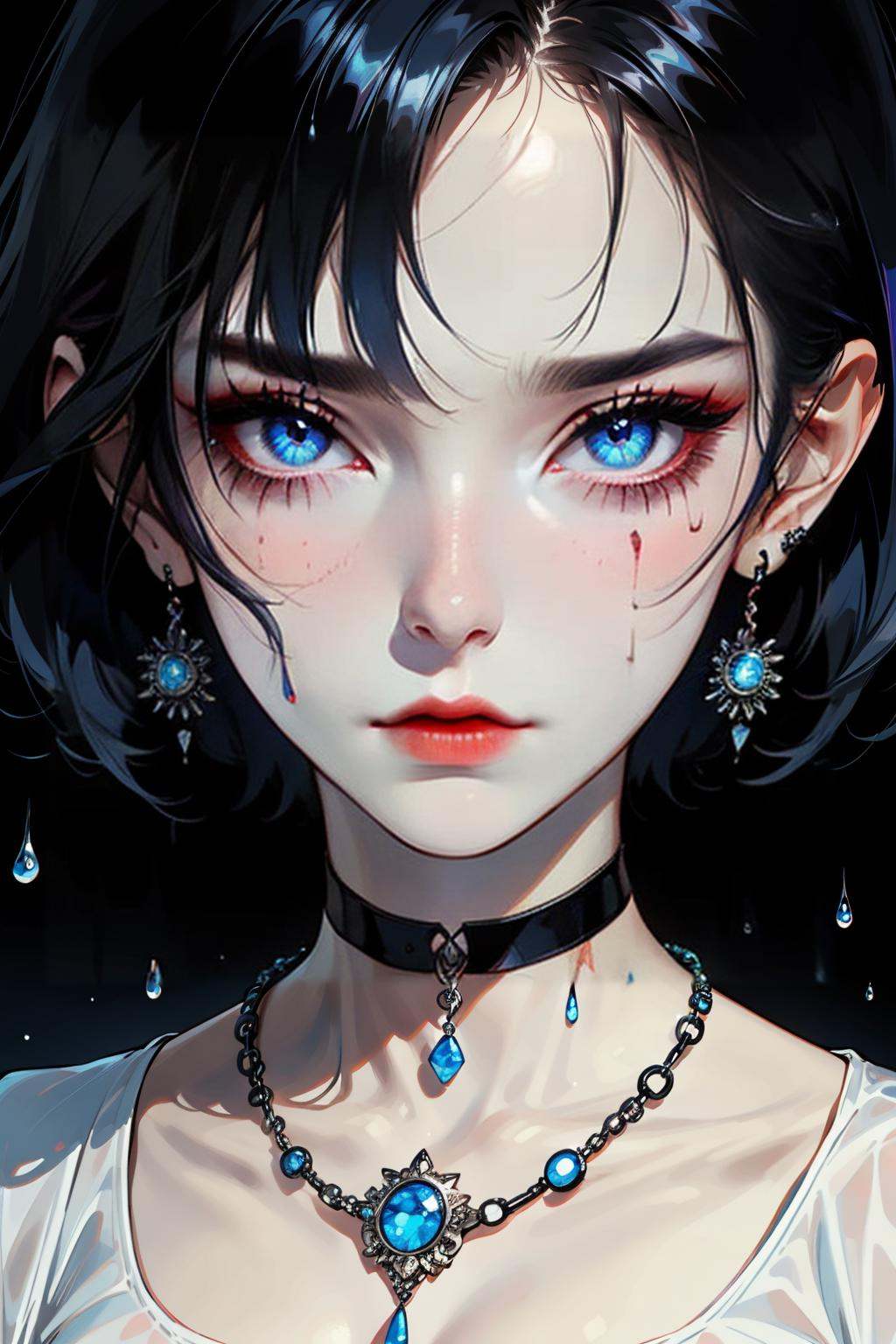 hezi, brilliant color, brush texture, beauty, 1girl, jewelry, solo, earrings, blue eyes, looking at viewer, short hair, dripping, black hair, portrait, necklace, choker, blue hair, makeup, closed mouth, gem, eyelashes, rain, blue gemstone, lips, black shirt, blurry, red lips, eyeshadow, blurry background, black choker, wet, straight-on, collarbone, upper body, expressionless,<lora:纯彩﷿丽质感-000016:0.65>,