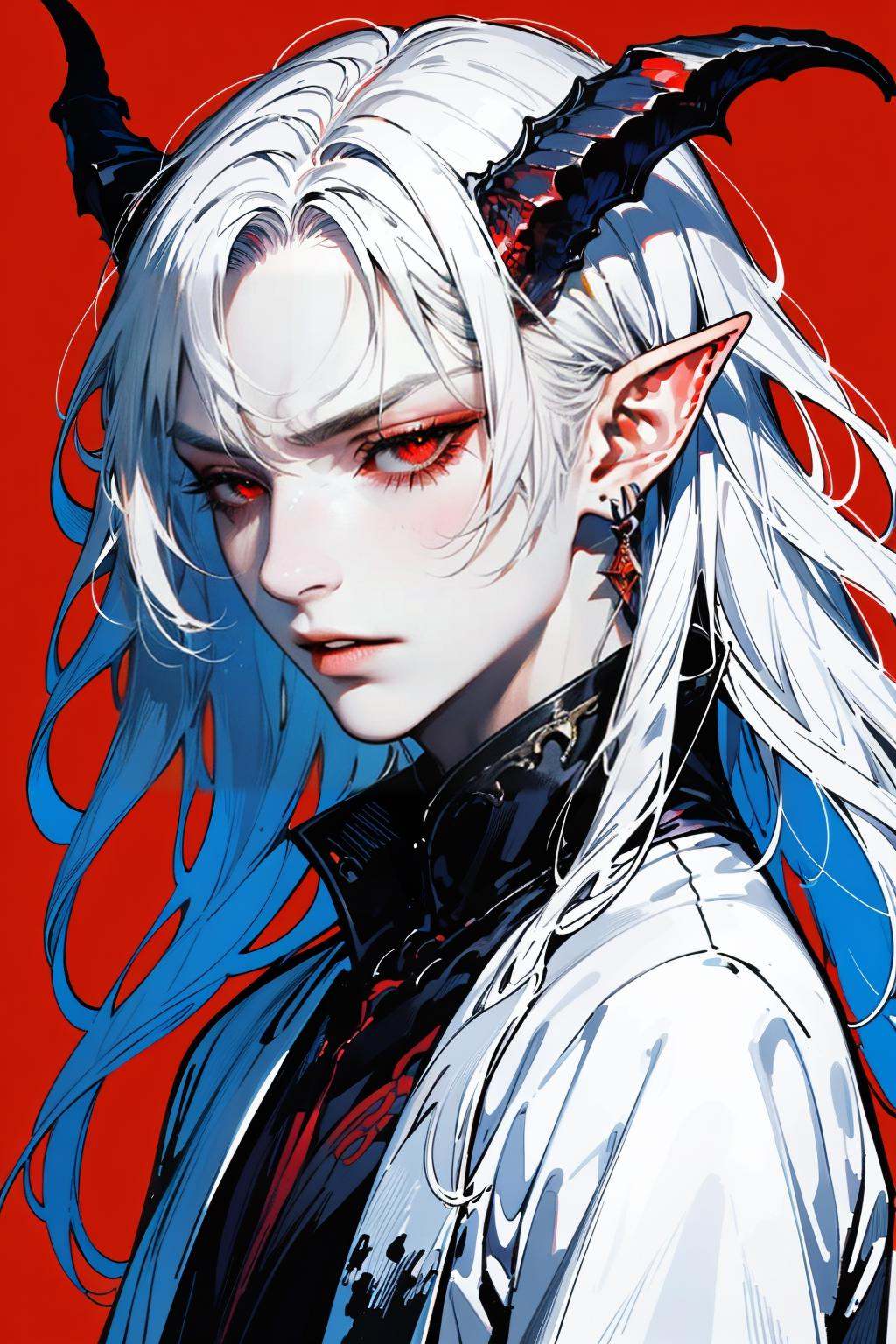 hezi,brilliant color,brush texture,beauty,solo, 1boy, male focus, long hair, red eyes, jewelry, pointy ears, red background, earrings, white hair, parted lips, half-closed eyes, portrait, looking at viewer, bangs, horns, from side, upper body, head wings, bishounen,vampire,,<lora:纯彩﷿丽质感-000016:0.65>,