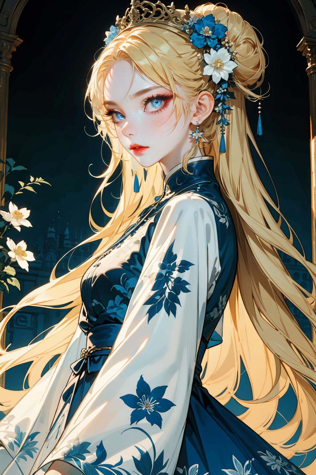 hezi,brilliant color,brush texture,beauty,1girl,flower,hair flower,hair ornament,solo,long hair,blonde hair,long sleeves,blue eyes,looking at viewer,blue flower,dress,indoors,jewelry,earrings,night,from side,white flower,upper body,floral print,tiara,blue ribbon,animal print,closed mouth,hair bun,ribbon,cowboy shot,red lips,window,wide sleeves,makeup,chinese clothes,<lora:纯彩﷿丽质感-000016:0.65>,