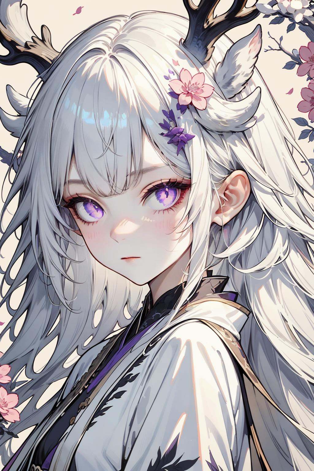 hezi, brilliant color, brush texture, beauty, 1girl, flower, solo, antlers, horns, looking at viewer, long hair, hair ornament, purple eyes, white hair, hair flower, purple flower, upper body, closed mouth, animal ears, pink flower, expressionless, dragon horns, branch, portrait, dragon girl, japanese clothes, from side, blush, slit pupils<lora:纯彩﷿丽质感-000016:0.65>,