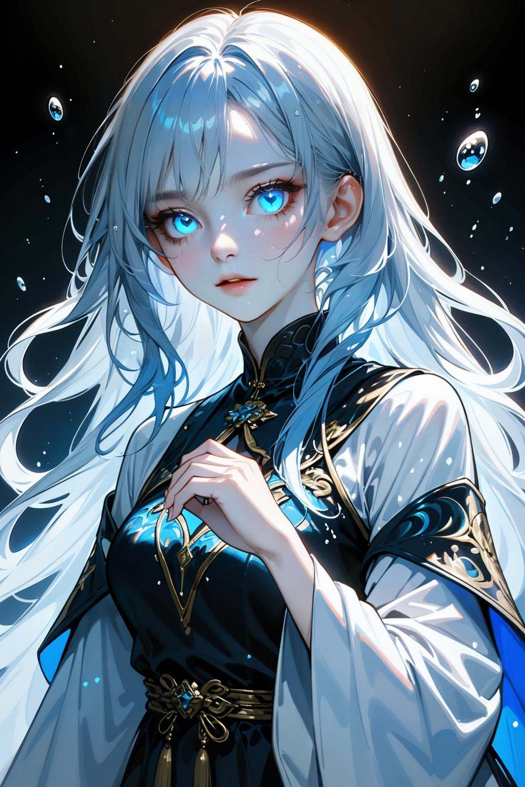 hezi,brilliant color,brush texture,beauty,A fantasy-themed illustration of a young woman,she has long blue hair and glowing blue eyes,her expression is calm and focused,she wears traditional,intricate clothing in blue and white tones,detailed with gold accessories and patterns,she holds a glowing,blue,heart-shaped object between her hands,swirling magical water or energy surrounds her,the background is dark and abstract,filled with bubbles and splashes of light,the overall ambiance is mystical and ethereal.,,<lora:纯彩﷿丽质感-000016:0.65>,