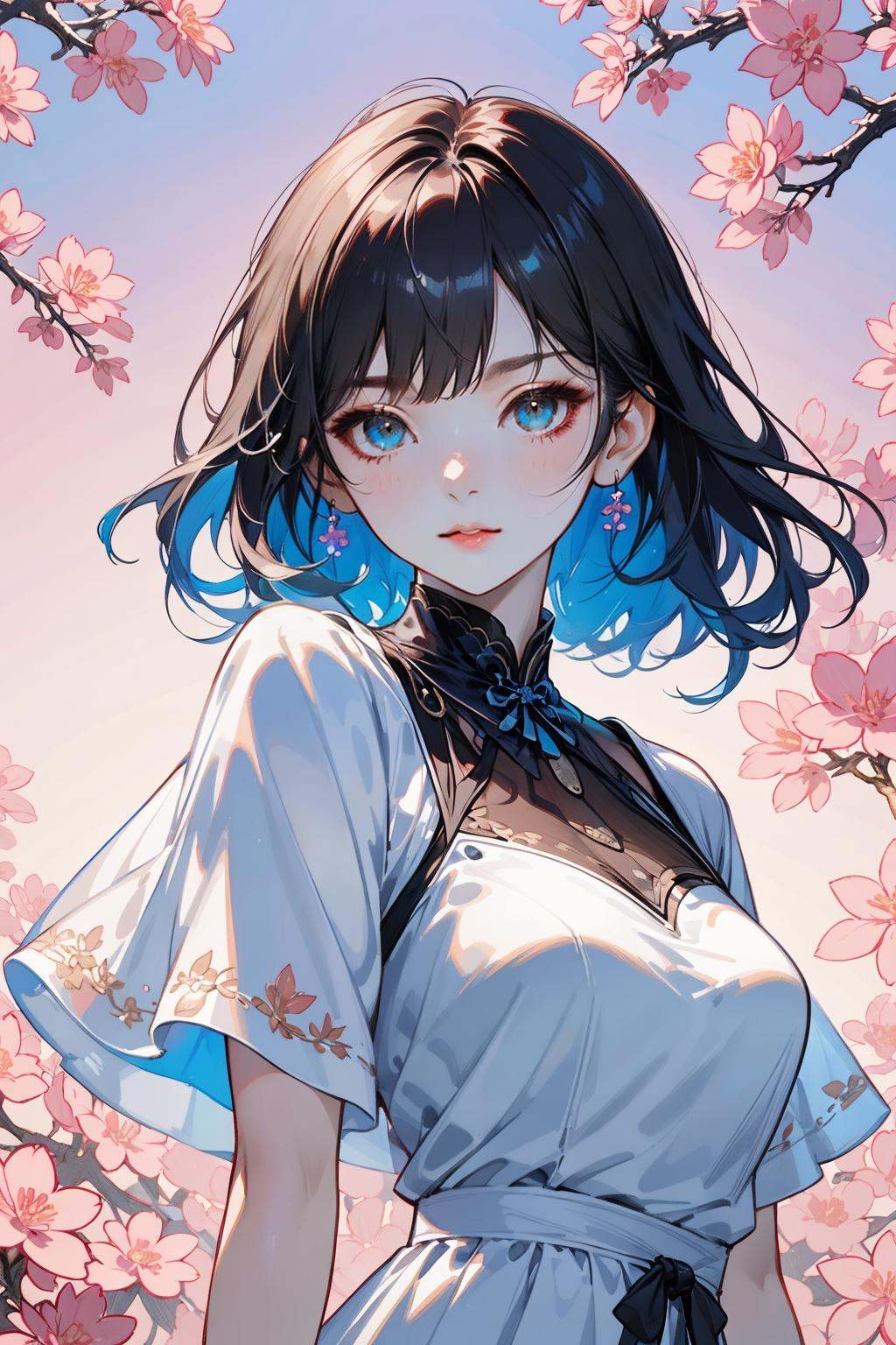 hezi,brilliant color,brush texture,beauty,solo,a woman in a white dress standing in front of a tree with pink flowers on it and a blue sky,Chizuko Yoshida,rossdraws global illumination,a detailed painting,,<lora:纯彩﷿丽质感-000016:0.65>,