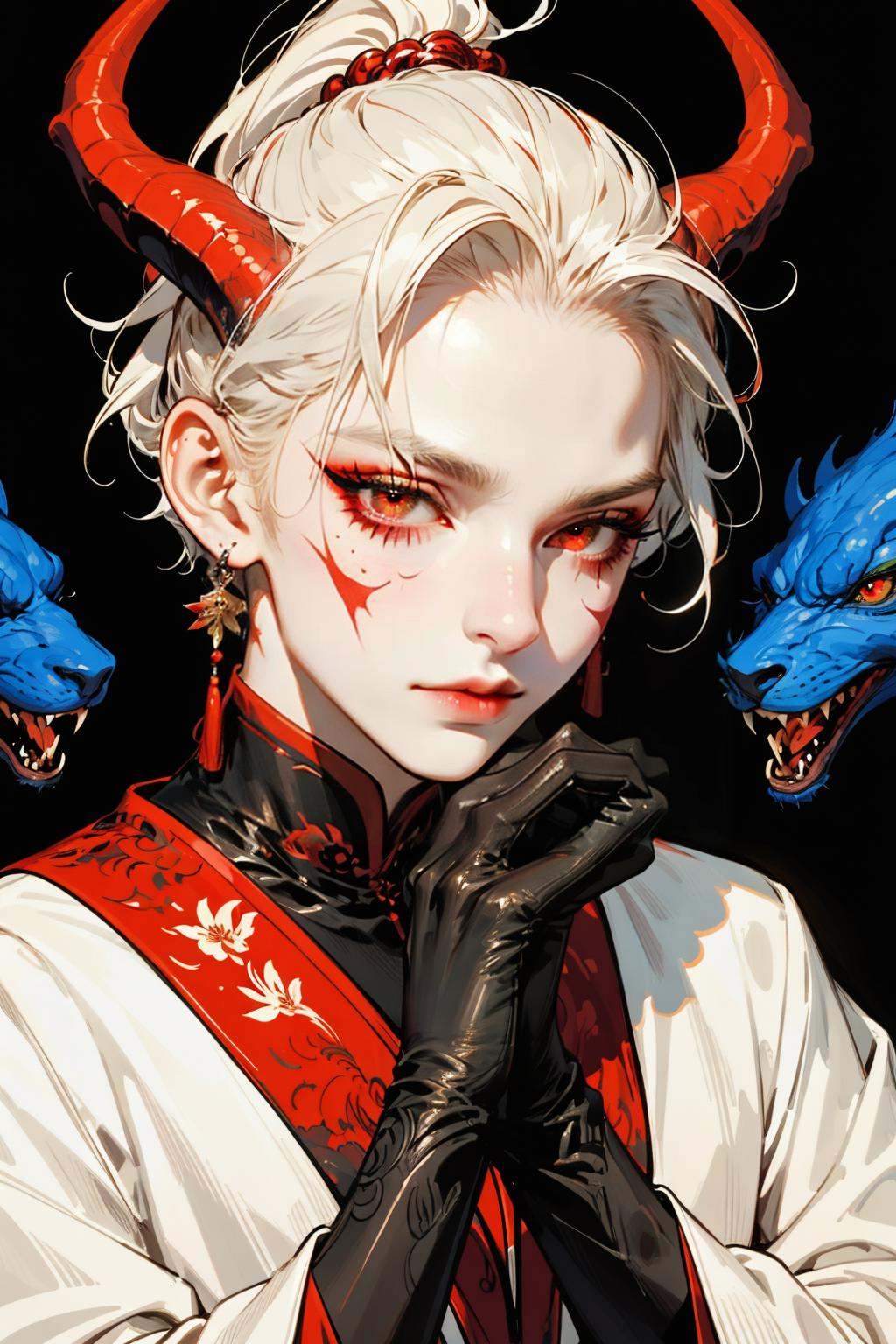 hezi, brilliant color, brush texture, beauty, horns, jewelry, earrings, looking at viewer, red eyes, white hair, dragon, solo, upper body, own hands together, 1girl, makeup, closed mouth, gloves, hands up, eyeshadow, tassel, slit pupils, black background, tassel earrings, long sleeves, facial mark, black gloves, hair pulled back, necklace, eastern dragon, ponytail, eyelashes, beads, short hair, red horns, dragon horns, scar on face, animal, mole, chinese clothes, red lips, simple background, hair ornament, dragon print, 1boy, mole under eye, sharp fingernails, high ponytail, interlocked fingers, lips, artist name, red eyeshadow, eyeliner, scales<lora:纯彩﷿丽质感-000016:0.65>,
