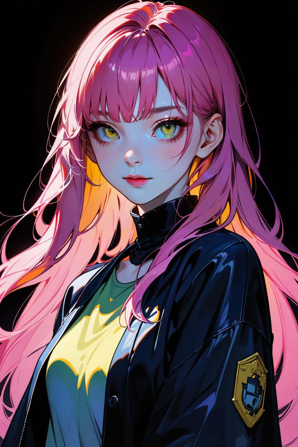 hezi,brilliant color,brush texture,beauty1girl,photography,masterpiece,best quality,8K,HDR,highres,absurdres:1.2,1girl,solo,multicolored_hair,pink_hair,shirt,long_hair,bangs,upper_body,jacket,looking_at_viewer,<lora:纯彩﷿丽质感-000016:0.65>,