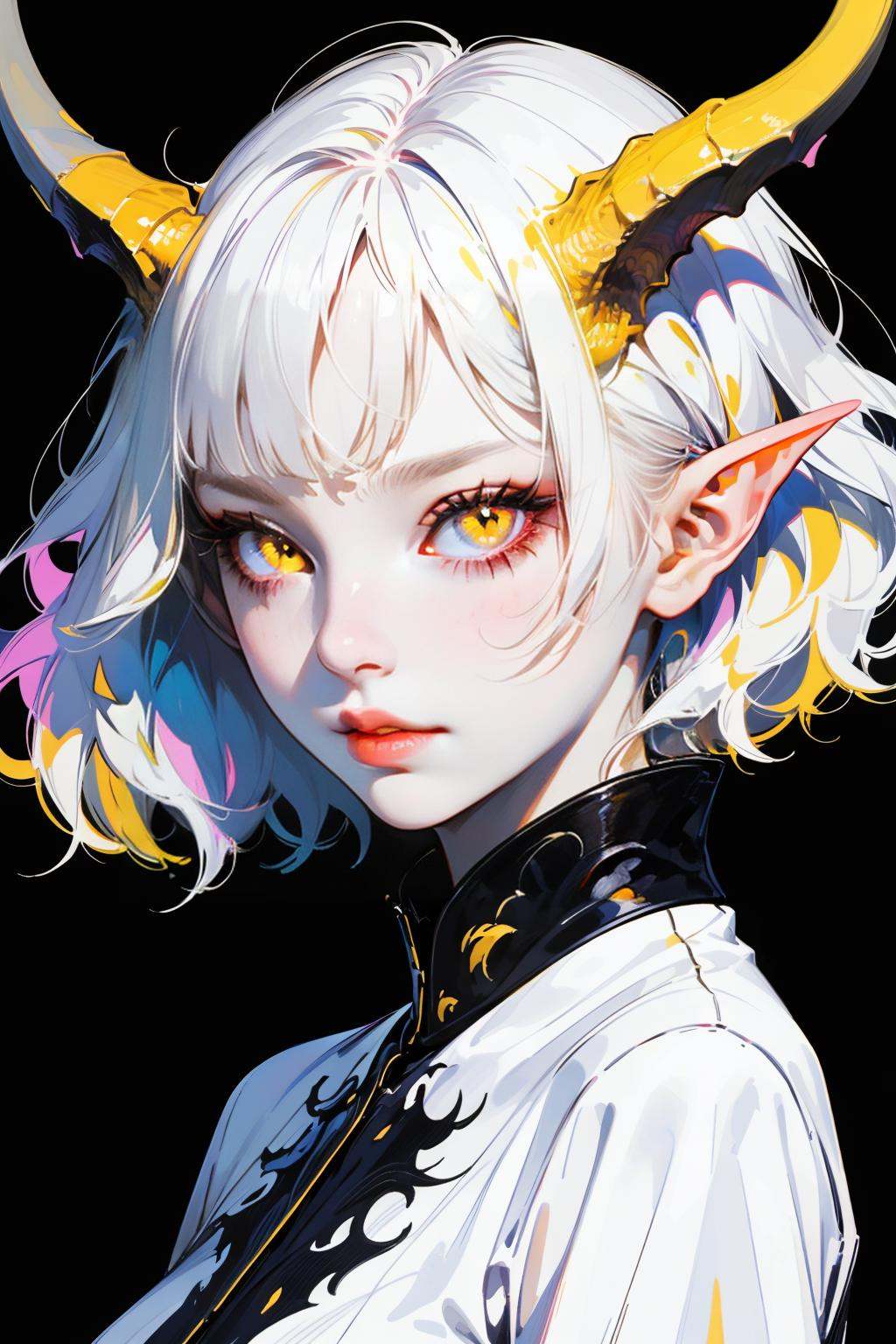 hezi, brilliant color, brush texture, beauty, 1girl, solo, horns, pointy ears, looking at viewer, white hair, short hair, closed mouth, yellow eyes, upper body, portrait, black background, lips, pink lips, medium hair, orange eyes, slit pupils,<lora:纯彩﷿丽质感-000016:0.65>,