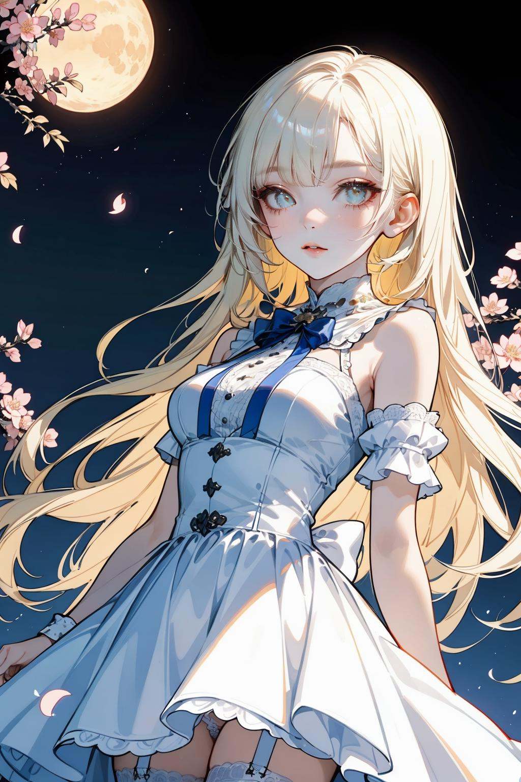 hezi,brilliant color,brush texture,beauty,Peach blossoms,petals falling,(wide shot, wide-angle lens,Panoramic:1.2),1girl,feminine sensibilities,white garter belt,white dress,bow,platinum blonde hair,night,starry sky,moon,<lora:纯彩﷿丽质感-000016:0.65>,