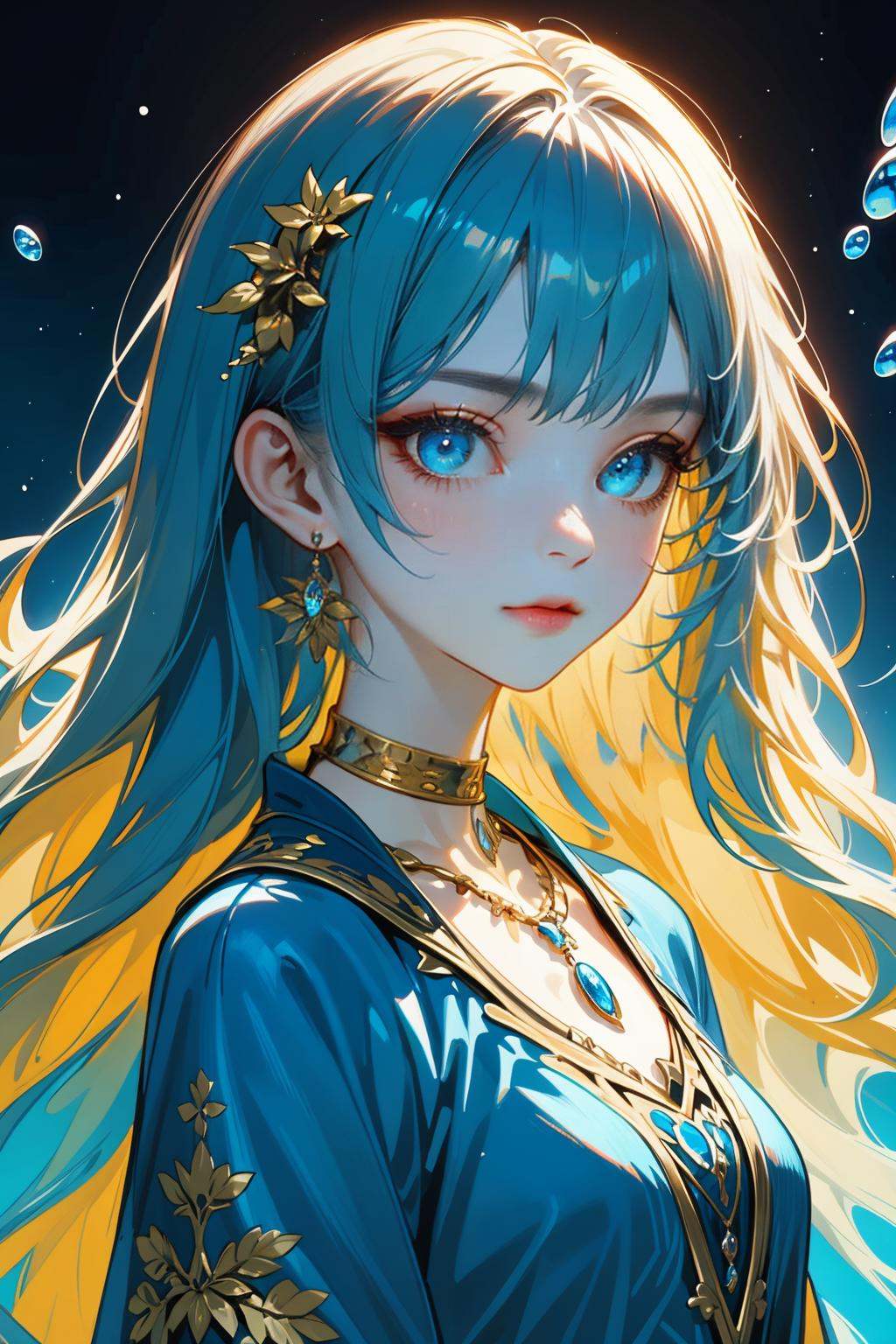 hezi,brilliant color,brush texture,beauty,A fantasy-themed digital illustration featuring a female character,she has long blue hair and bright blue eyes,adorned with small golden horn-**** accessories on her head,wearing a detailed blue and white dress with gold embroidery,a choker necklace with a blue pendant,and earrings,the character has a serene expression,the background depicts a dynamic blue ocean with waves and bubbles,the overall color palette is dominated by shades of blue and white,the artwork combines elements of fantasy and elegance,capturing a mystical and enchanting atmosphere.,<lora:纯彩﷿丽质感-000016:0.65>,