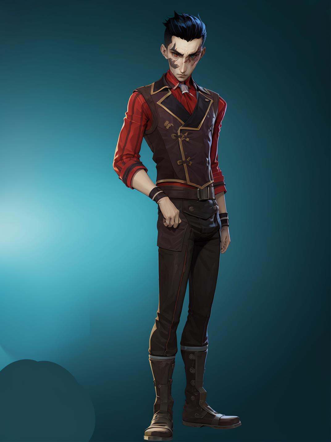 HEZI,Character design,European and American stylized characters,game characters,1boy,male focus,solo,black hair,boots,black pants,scar,pants,standing,full body,short hair,shirt,ascot,vest,simple background,scar on face,looking at viewer,belt,jacket,long sleeves,brown footwear,heterochromia,scar across eye,blue background,gradient,wristband,multicolored hair,blood,clenched hand,gradient background,red vest,closed mouth,<lora:双城希尔科人设-000010:0.75>,
