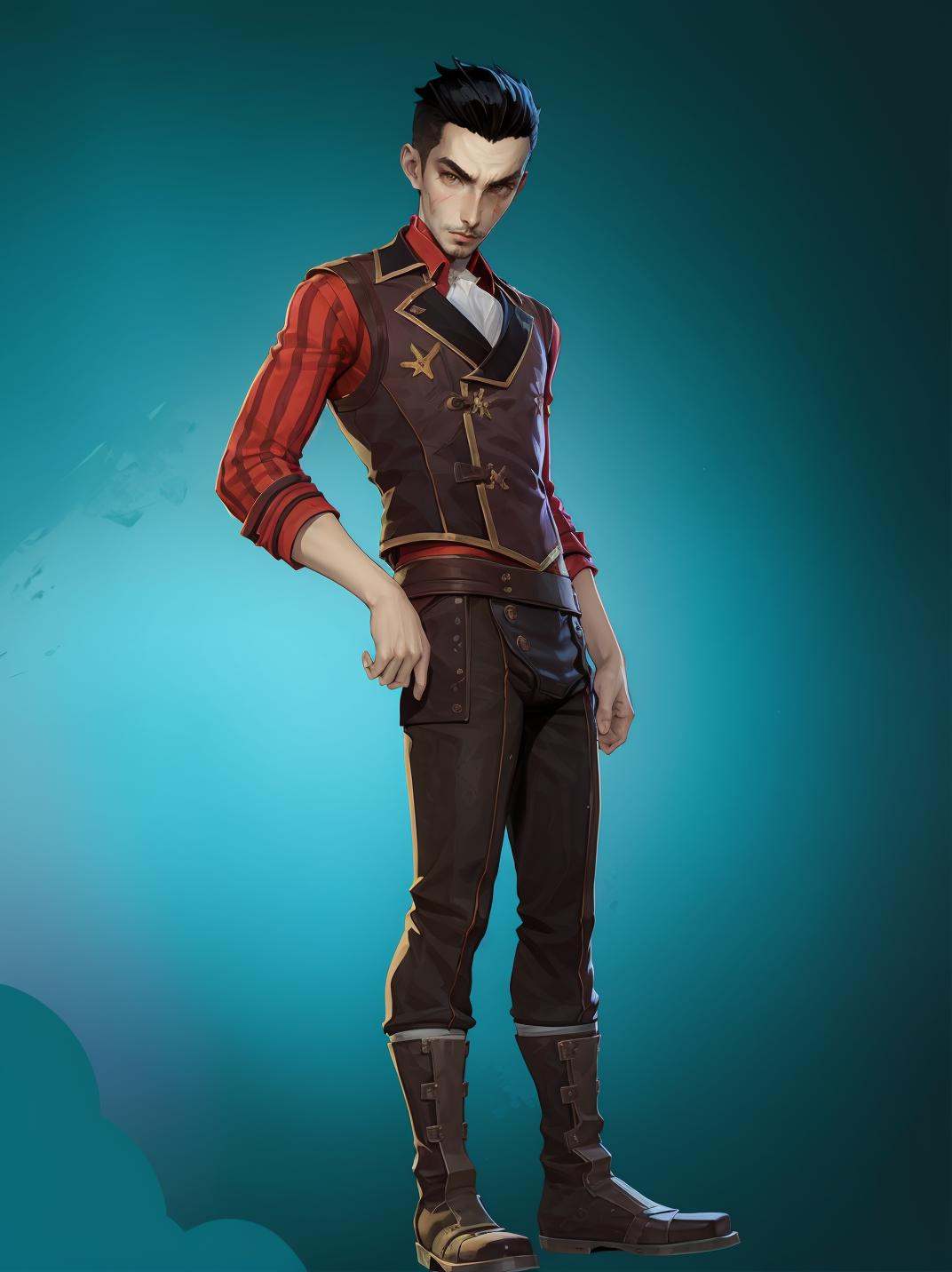 HEZI, Character design, European and American stylized characters, game characters, 1boy, male focus, solo, vest, boots, black hair, facial hair, pants, full body, standing, scar, blue background, shirt, brown footwear, simple background, mustache, looking at viewer, gradient,<lora:双城希尔科人设-000010:0.65>,