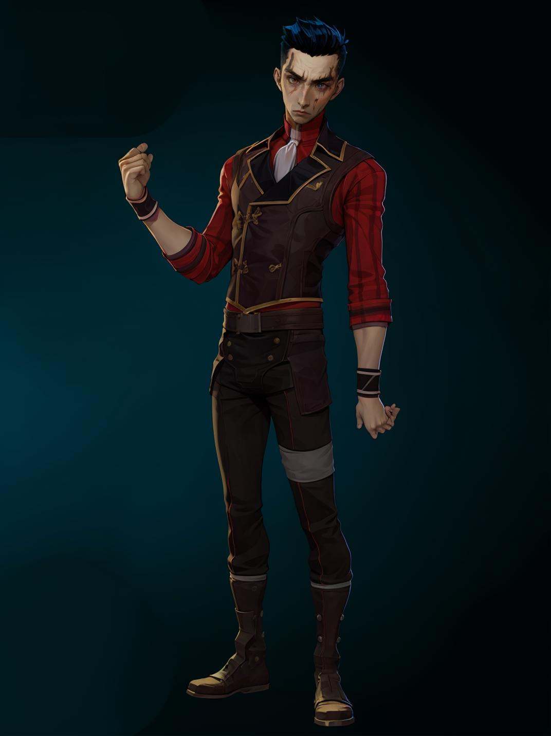 HEZI,Character design,European and American stylized characters,game characters,1boy,male focus,solo,black hair,boots,black pants,scar,pants,standing,full body,short hair,shirt,ascot,vest,simple background,scar on face,looking at viewer,belt,jacket,long sleeves,brown footwear,heterochromia,scar across eye,blue background,gradient,wristband,multicolored hair,blood,clenched hand,gradient background,red vest,closed mouth,<lora:双城希尔科人设-000010:0.75>,