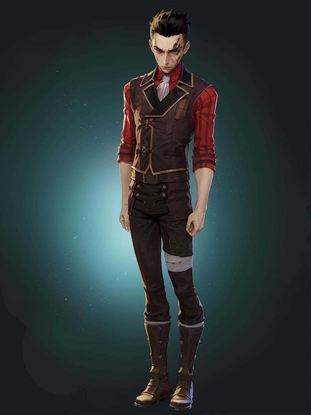 HEZI,Character design,European and American stylized characters,game characters,1boy,male focus,solo,pants,vest,scar,black pants,shirt,short hair,gradient,gradient background,black hair,full body,red vest,boots,ascot,red shirt,scar on face,standing,brown pants,blue background,black vest,scar across eye,brown footwear,bangs,long sleeves,belt,simple background,closed mouth,collared shirt,white shirt,brown vest,black background,heterochromia,black footwear,bandages,jacket,<lora:双城希尔科人设-000010:0.65>,