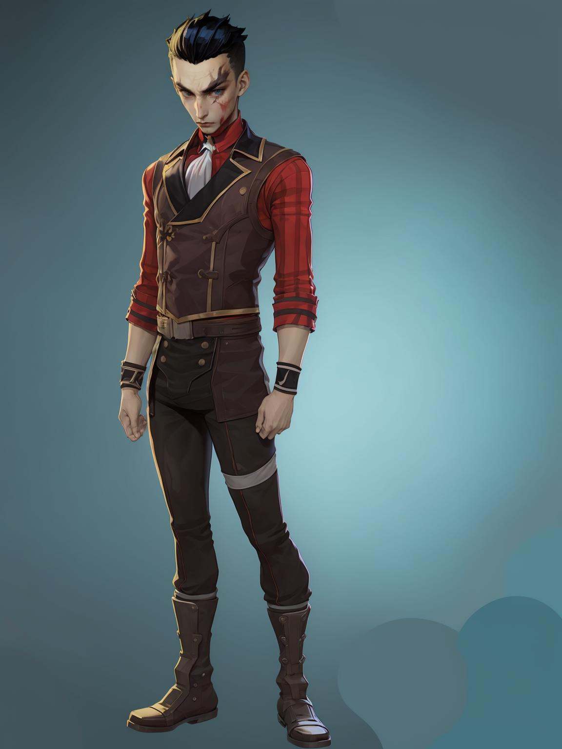 HEZI,Character design,European and American stylized characters,game characters,1boy,male focus,solo,black hair,boots,black pants,scar,pants,standing,full body,short hair,shirt,ascot,vest,simple background,scar on face,looking at viewer,belt,jacket,long sleeves,brown footwear,heterochromia,scar across eye,blue background,gradient,wristband,multicolored hair,blood,clenched hand,gradient background,red vest,closed mouth,<lora:双城希尔科人设-000010:0.75>,