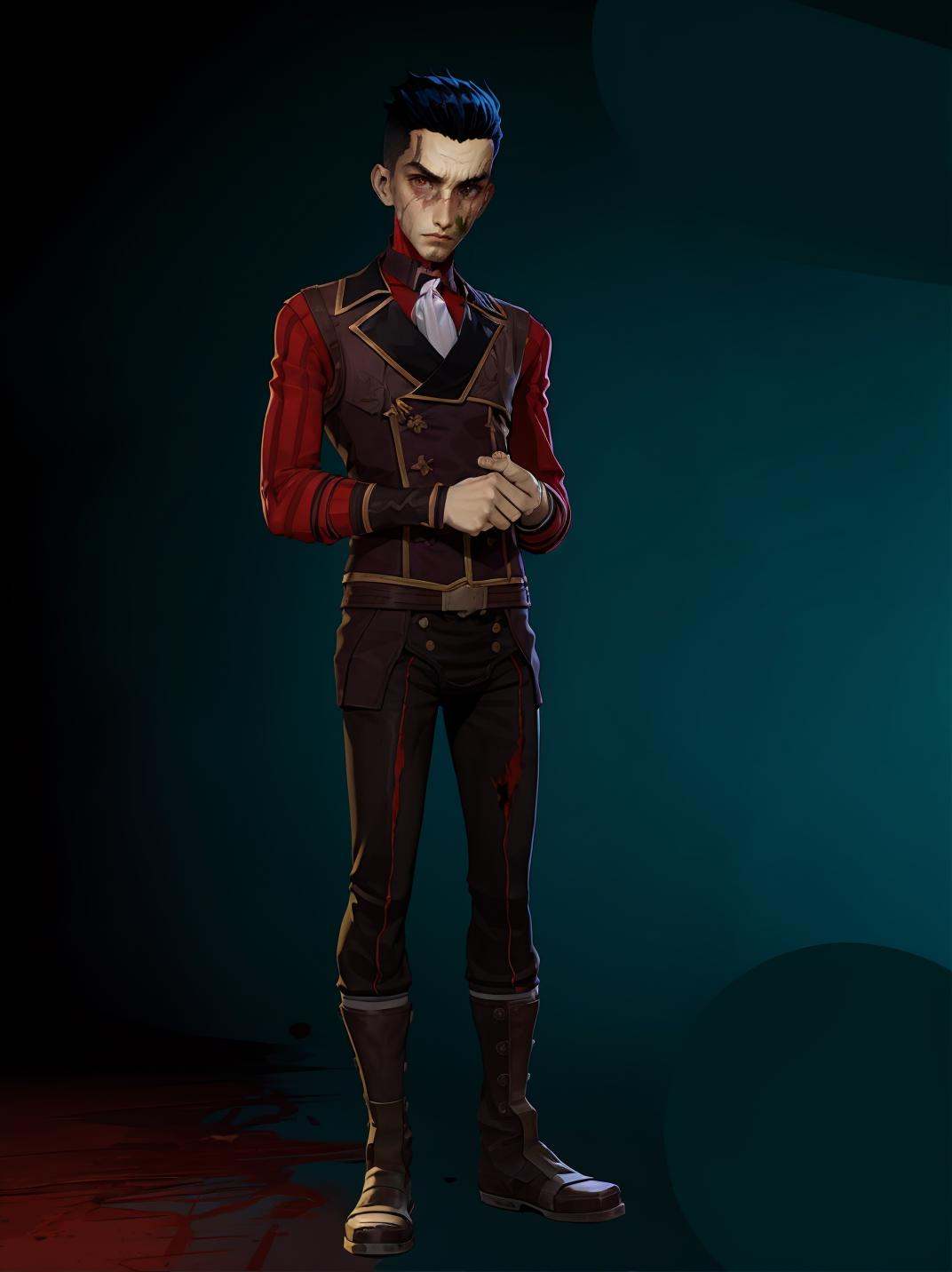 HEZI,Character design,European and American stylized characters,game characters,1boy,male focus,solo,black hair,boots,black pants,scar,pants,standing,full body,short hair,shirt,ascot,vest,simple background,scar on face,looking at viewer,belt,jacket,long sleeves,brown footwear,heterochromia,scar across eye,blue background,gradient,wristband,multicolored hair,blood,clenched hand,gradient background,red vest,closed mouth,<lora:双城希尔科人设-000010:0.75>,