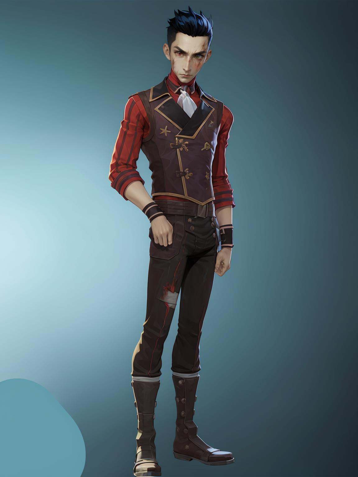 HEZI,Character design,European and American stylized characters,game characters,1boy,male focus,solo,black hair,boots,black pants,scar,pants,standing,full body,short hair,shirt,ascot,vest,simple background,scar on face,looking at viewer,belt,jacket,long sleeves,brown footwear,heterochromia,scar across eye,blue background,gradient,wristband,multicolored hair,blood,clenched hand,gradient background,red vest,closed mouth,<lora:双城希尔科人设-000010:0.75>,