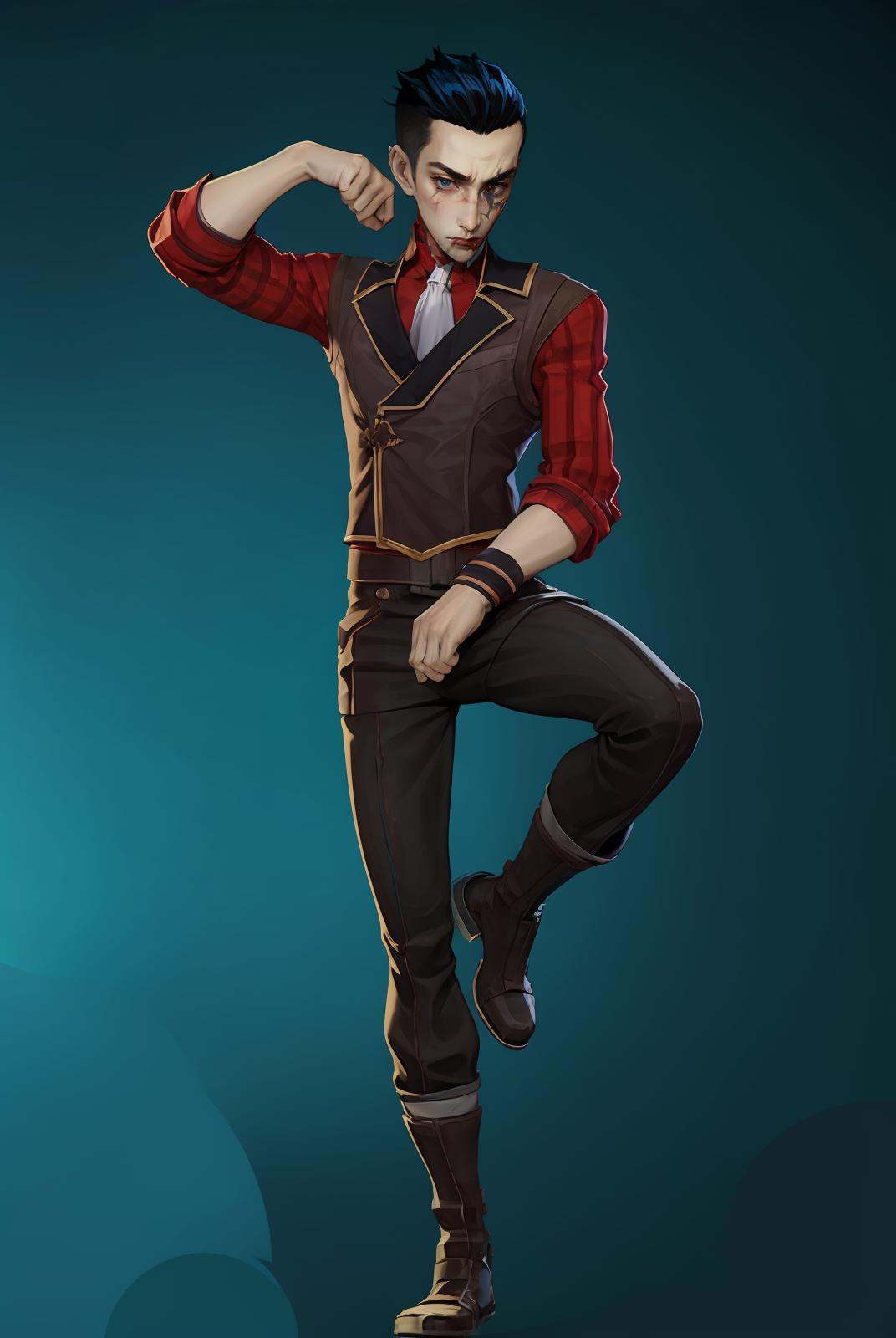 HEZI,Character design,European and American stylized characters,game characters,1boy,male focus,solo,black hair,boots,black pants,scar,pants,standing,full body,short hair,shirt,ascot,vest,simple background,scar on face,looking at viewer,belt,jacket,long sleeves,brown footwear,heterochromia,scar across eye,blue background,gradient,wristband,multicolored hair,blood,clenched hand,gradient background,red vest,closed mouth,<lora:双城希尔科人设-000010:0.75>,