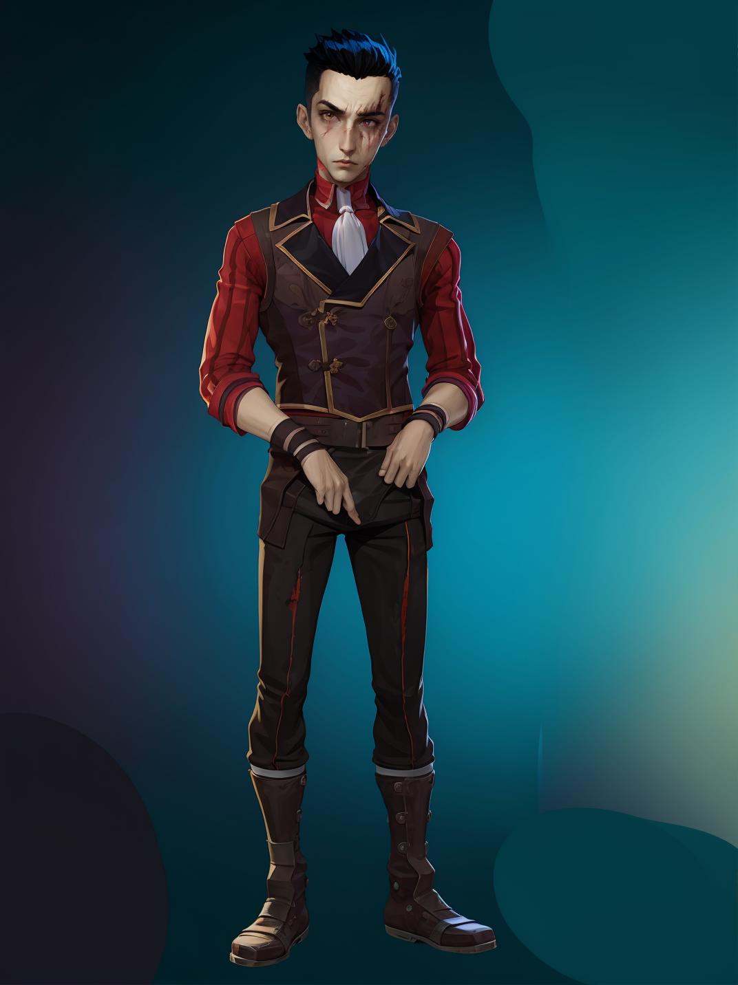 HEZI,Character design,European and American stylized characters,game characters,1boy,male focus,solo,black hair,boots,black pants,scar,pants,standing,full body,short hair,shirt,ascot,vest,simple background,scar on face,looking at viewer,belt,jacket,long sleeves,brown footwear,heterochromia,scar across eye,blue background,gradient,wristband,multicolored hair,blood,clenched hand,gradient background,red vest,closed mouth,<lora:双城希尔科人设-000010:0.75>,