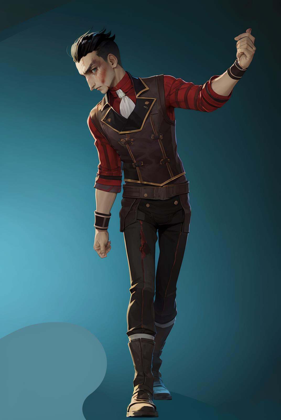 HEZI,Character design,European and American stylized characters,game characters,1boy,male focus,solo,black hair,boots,black pants,scar,pants,standing,full body,short hair,shirt,ascot,vest,simple background,scar on face,looking at viewer,belt,jacket,long sleeves,brown footwear,heterochromia,scar across eye,blue background,gradient,wristband,multicolored hair,blood,clenched hand,gradient background,red vest,closed mouth,<lora:双城希尔科人设-000010:0.75>,