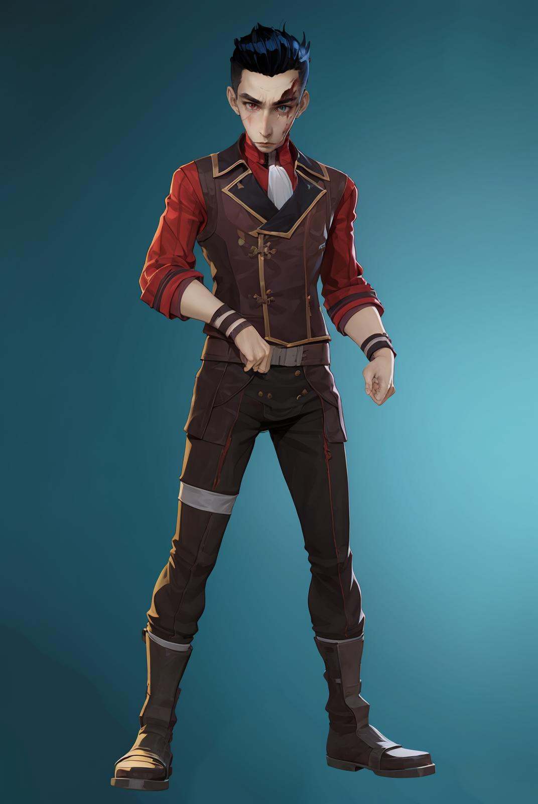 HEZI,Character design,European and American stylized characters,game characters,1boy,male focus,solo,black hair,boots,black pants,scar,pants,standing,full body,short hair,shirt,ascot,vest,simple background,scar on face,looking at viewer,belt,jacket,long sleeves,brown footwear,heterochromia,scar across eye,blue background,gradient,wristband,multicolored hair,blood,clenched hand,gradient background,red vest,closed mouth,<lora:双城希尔科人设-000010:0.75>,