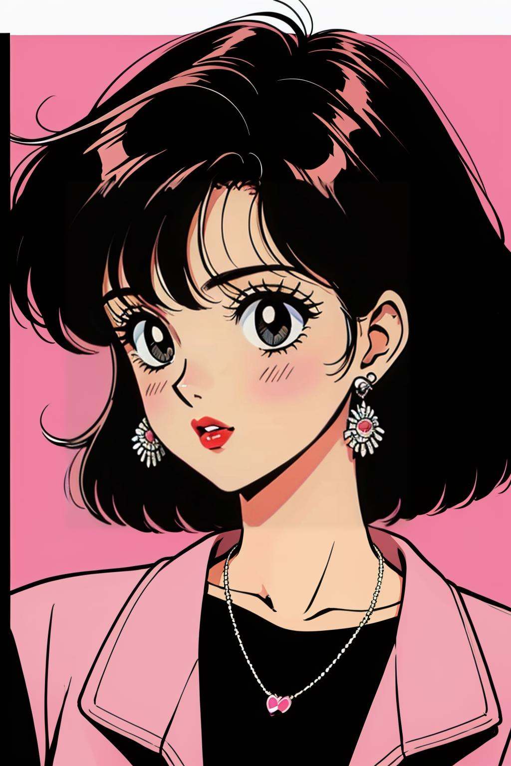 hezi, Showa Manga style, avatar, secondary Yuan, retro, sense of time, jewelry, earrings, necklace, 1girl, black hair, retro artstyle, jacket, collarbone, parted lips, solo focus, pink jacket, looking to the side, lipstick, makeup, 1980s \(style\), portrait, black shirt, red lips, short hair, 1990s \(style\), black eyes, brown hair, solo, lips, border, shirt, upper body<lora:昭和日漫风格-000021:0.6>,