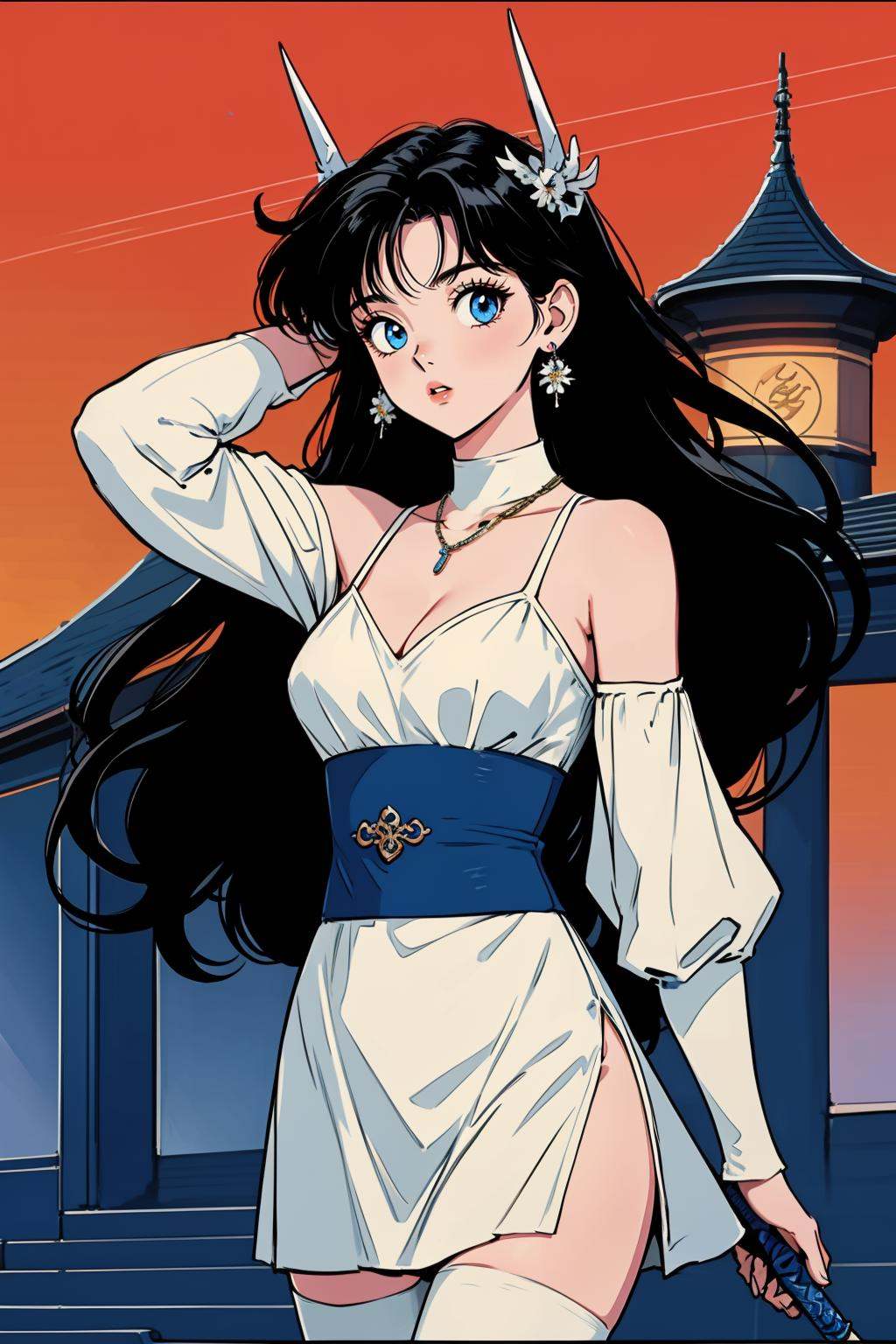 hezi,Showa Manga style,avatar,secondary Yuan,retro,sense of time,jewelry,earrings,necklace,lol style, Splash art, Cool, game art, Game art, LOL propaganda poster texture, 1girl, floating weapon, floating object, long hair, solo, weapon, floating, black hair, white dress, blue eyes, breasts, dress, hair ornament, sword, detached sleeves, jewelry, thighhighs, parted lips, flower, medium breasts, armor, cleavage, bare shoulders, cowboy shot, earrings, very long hair, polearm, outdoors, knife, arm up, teeth, standing, headgear, bangs, lips, spear, long sleeves, architecture, dagger, from below, looking to the side, looking away, magic, hand up, blurry, cleavage cutout, looking at viewer, glowing, floating hair, shoulder armor, white thighhighs, chinese clothes, blurry background, armored dress, east asian architecture, flying, thigh boots, dutch angle, sky, dragon, clothing cutout, fantasy, smoke, red sky<lora:昭和日漫风格-000021:0.6>,