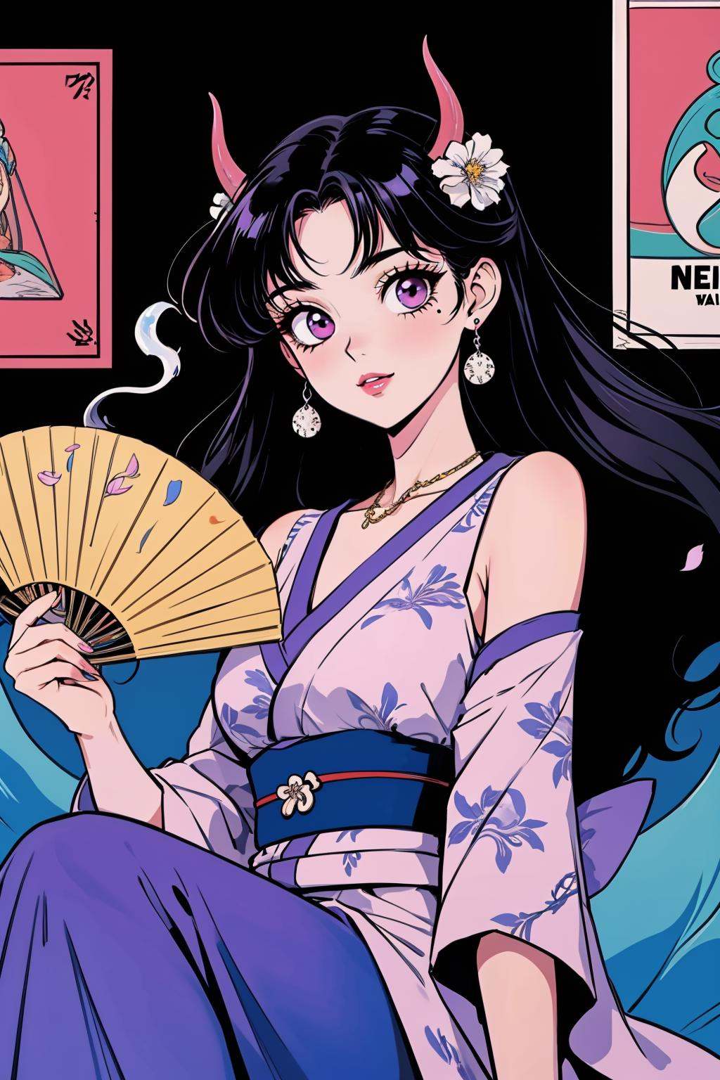 hezi,Showa Manga style,avatar,secondary Yuan,retro,sense of time,jewelry,earrings,necklace,lol style,Splash art,Cool,game art,Game art,LOL propaganda poster texture,1girl,hair ornament,holding,monster girl,kimono,japanese clothes,lamia,hair flower,breasts,long hair,black hair,bangs,flower,solo,hand fan,looking at viewer,glowing,long sleeves,large breasts,glowing eyes,hand up,smoke,wide sleeves,purple eyes,indoors,pink eyes,mermaid,detached sleeves,fingernails,holding fan,sitting,ghost,sharp fingernails,parted lips,scales,colored skin,horns,artist name,night,official alternate costume,snake,solo focus,jewelry,closed mouth,purple lips,medium breasts,petals,smoking pipe,bare shoulders,claws,animal,alternate costume,obi,smile,outdoors,hair stick,teeth,magic,long fingernails,sash,purple hair,comb,shiny,mole,folding fan,<lora:昭和日漫风格-000021:0.6>,