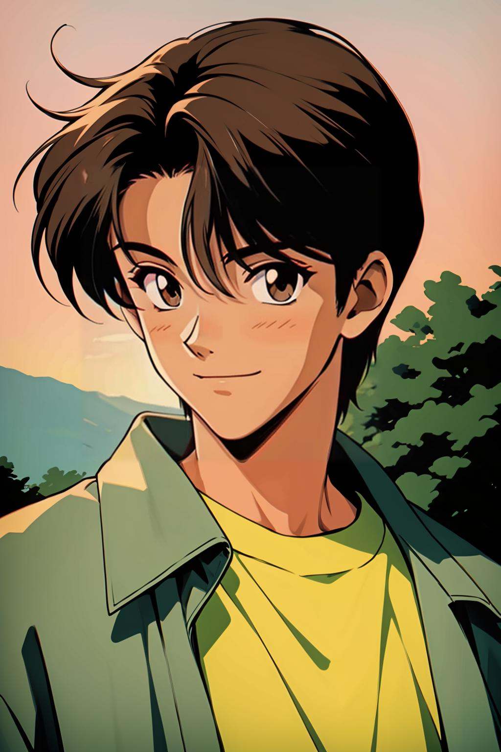 hezi, Showa Manga style, avatar, secondary Yuan, retro, sense of time, 1boy, male focus, solo, shirt, brown hair, smile, red shirt, jacket, looking at viewer, outdoors, grey jacket, upper body, brown eyes, bangs, retro artstyle, closed mouth, short hair, tree, film grain, green jacket, open clothes, 1990s \(style\), hair between eyes, parted bangs<lora:昭和日漫风格-000021:0.6>,