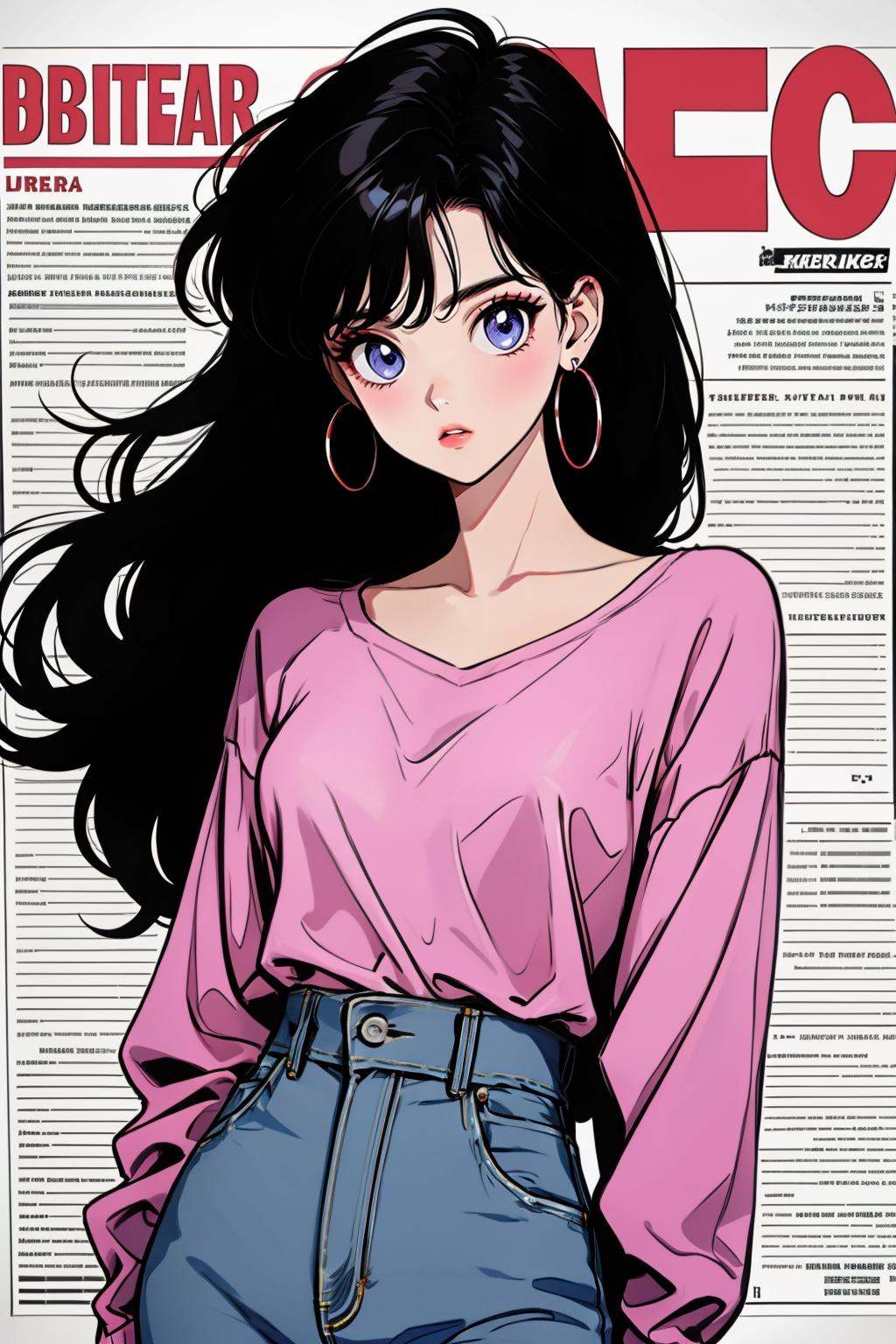 hezi, Showa Manga style, avatar, secondary Yuan, retro, sense of time, jewelry, earrings, black hair, 1girl, long hair, looking at viewer, solo, hoop earrings, denim, purple shirt, blue eyes, pants, jeans, off shoulder, parted lips, shirt, newspaper, collarbone, upper body, bangs, high-waist pants, sweater, long sleeves, shirt tucked in,<lora:昭和日漫风格-000021:0.6>,