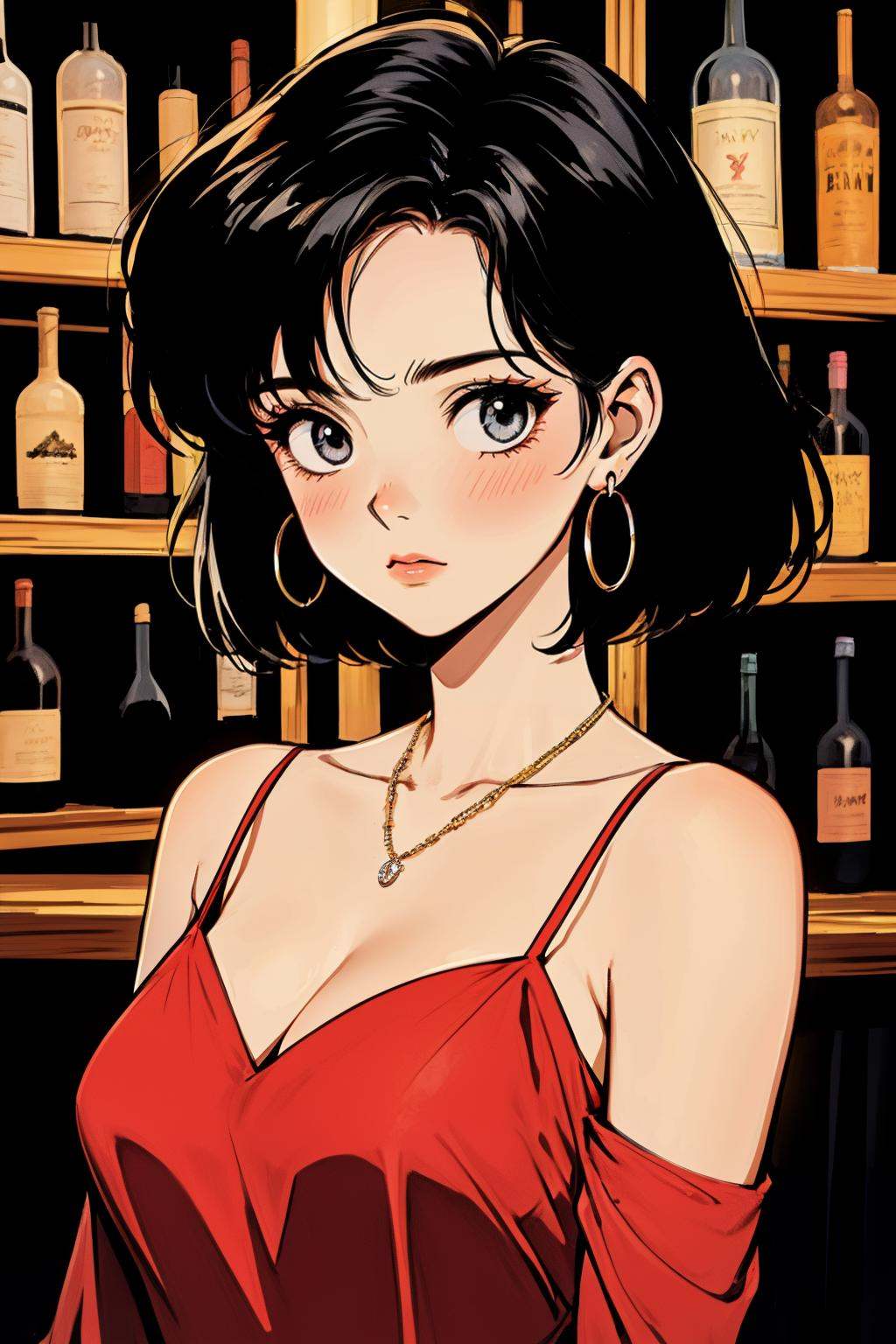 hezi,Showa Manga style,avatar,secondary Yuan,retro,sense of time,1girl,jewelry,earrings,solo,black hair,necklace,bar \(place\),short hair,blush,hoop earrings,looking at viewer,grey eyes,bottle,breasts,upper body,collarbone,dress,bare shoulders,spaghetti strap,indoors,red dress,cleavage,detached sleeves,black eyes,alcohol,shelf,<lora:昭和日漫风格-000021:0.6>,