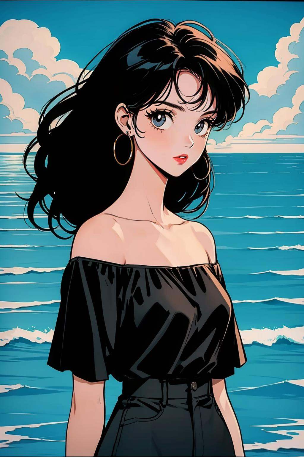 hezi, Showa Manga style, avatar, secondary Yuan, retro, sense of time, 1girl, solo, earrings, jewelry, ocean, cloud, outdoors, sky, looking at viewer, black hair, long hair, off shoulder, day, retro artstyle, off-shoulder shirt, parted lips, shirt, hoop earrings, horizon, water, red lips, makeup, short sleeves, blue sky, black eyes, brown hair, cloudy sky, pants, lipstick, bare shoulders<lora:昭和日漫风格-000021:0.6>,