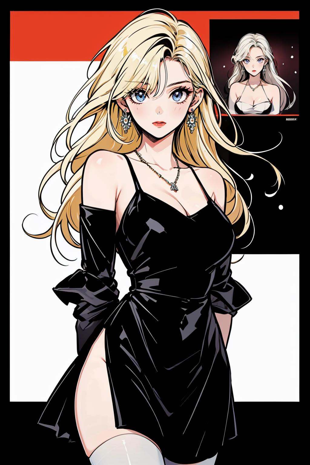hezi,Showa Manga style,avatar,secondary Yuan,retro,sense of time,jewelry,earrings,necklace,hezi, lol style, Splash art, Cool, game art, Game art, LOL propaganda poster texture, 1girl, solo, long hair, breasts, dress, blonde hair, bare shoulders, glowing, cleavage, detached sleeves, pale skin, magic, white hair, hair over one eye, alternate costume, thighhighs, black dress, artist name, closed mouth, medium breasts, looking at viewer, bangs, red lips, large breasts, bird, fingernails, feathers, jewelry,<lora:昭和日漫风格-000021:0.6>,