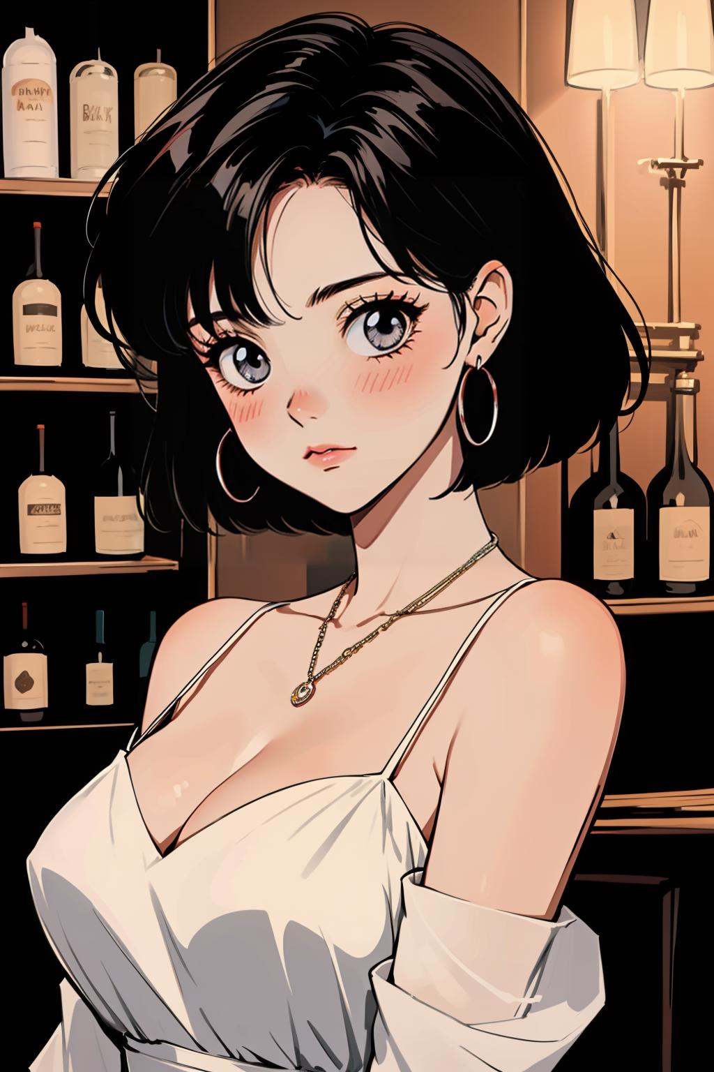 hezi,Showa Manga style,avatar,secondary Yuan,retro,sense of time,1girl,jewelry,earrings,solo,black hair,necklace,bar \(place\),short hair,blush,hoop earrings,looking at viewer,grey eyes,bottle,breasts,upper body,collarbone,dress,bare shoulders,spaghetti strap,indoors,red dress,cleavage,detached sleeves,black eyes,alcohol,shelf,<lora:昭和日漫风格-000021:0.6>,