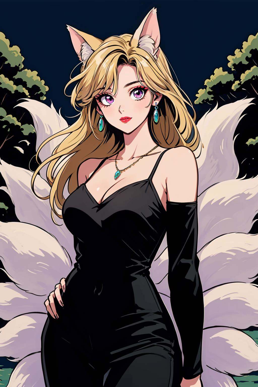 hezi,Showa Manga style,avatar,secondary Yuan,retro,sense of time,jewelry,earrings,necklace,lol style,Splash art,Cool,game art,Game art,LOL propaganda poster texture,1girl,long hair,animal ears,breasts,magic,bangs,bare shoulders,dress,outdoors,blonde hair,fox ears,ahri \(league of legends\),tail,fox tail,hair over one eye,solo focus,bird,medium breasts,armor,cleavage,tree,smile,glowing,black dress,multiple others,gem,detached sleeves,night,looking at viewer,red lips,long sleeves,orb,nature,forest,weapon,alternate costume,closed mouth,helmet,pants,cowboy shot,pink eyes,solo,multiple tails,blue eyes,official alternate costume,green eyes,standing,facial mark,green hair,dark,fox girl,large breasts,crow,sword,lipstick,makeup,animal,helm,1other,purple lips,2others,one eye covered,energy ball,black pants,glowing eyes,lips,whisker markings,breastplate,<lora:昭和日漫风格-000021:0.6>,