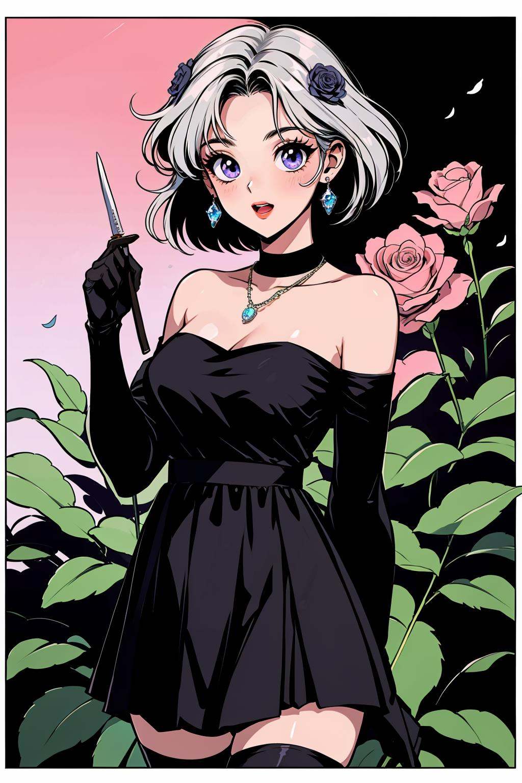 hezi,Showa Manga style,avatar,secondary Yuan,retro,sense of time,jewelry,earrings,necklace, lol style, Splash art, Cool, game art, Game art, LOL propaganda poster texture, dress, breasts, flower, blindfold, bare shoulders, 1girl, 1boy, rose, gloves, short hair, thighhighs, bangs, weapon, blue flower, cowboy shot, large breasts, blue rose, black blindfold, elbow gloves, outdoors, medium breasts, purple dress, official alternate costume, plant, detached sleeves, black gloves, floating object, closed mouth, smile, pink dress, black dress, hands up, leaf, tree, eye mask, standing, holding, alternate costume, hair ornament, glowing, looking at another, night, knife, dagger, petals, strapless dress, 2girls, covered eyes, black hair, multiple girls, jewelry, mask, floating, parted lips, earrings, teeth, skirt, grey hair, solo focus, facing viewer, short dress, magic, detached collar, white hair, artist name, open mouth, red lips, holding weapon, solo, thigh boots, shiny, crystal, strapless, black thighhighs, cleavage, long hair,<lora:昭和日漫风格-000021:0.6>,