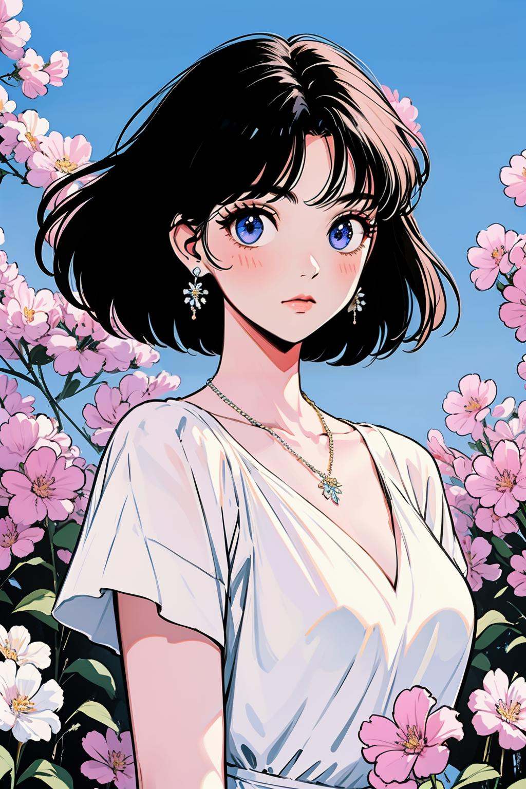 hezi, Showa Manga style, avatar, secondary Yuan, retro, sense of time, jewelry, earrings, necklace, a woman in a white dress standing in front of a tree with pink flowers on it and a blue sky,Chizuko Yoshida,rossdraws global illumination,a detailed painting,<lora:昭和日漫风格-000021:0.6>,