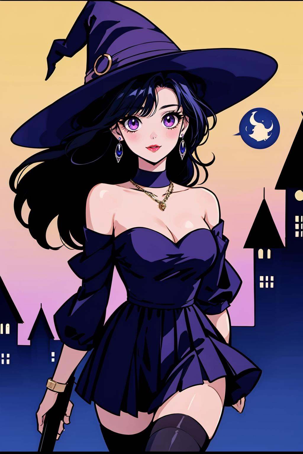 hezi,Showa Manga style,avatar,secondary Yuan,retro,sense of time,jewelry,earrings,necklace,lol style, Splash art, Cool, game art, Game art, LOL propaganda poster texture, 1girl, hat, breasts, witch hat, thighhighs, long hair, cleavage, bare shoulders, night, fire, jack-o'-lantern, large breasts, blue hair, purple eyes, witch, dress, outdoors, detached sleeves, alternate costume, pumpkin, bat \(animal\), gloves, halloween, solo, purple lips, moon, smile, multicolored hair, purple hair, skirt, glowing, makeup, strapless, strapless dress, magic, hair over one eye, gem, broom, lipstick, town, detached collar, official alternate costume, ghost, jewelry, building, striped, running, house, long sleeves<lora:昭和日漫风格-000021:0.6>,
