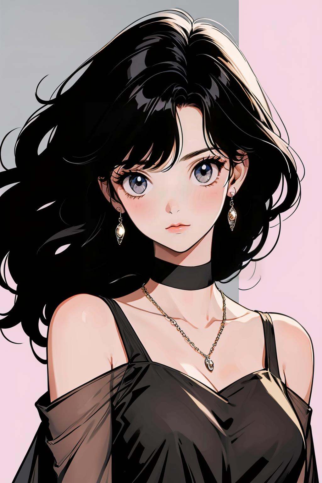 hezi, Showa Manga style, avatar, secondary Yuan, retro, sense of time, jewelry, 1girl, earrings, necklace, black hair, long hair, choker, looking at viewer, bare shoulders, black choker, solo, blurry background, upper body, blurry, night, closed mouth, bangs, solo focus, shoulder cutout, breasts, clothing cutout, grey eyes, collarbone, floating hair, wavy hair,<lora:昭和日漫风格-000021:0.6>,