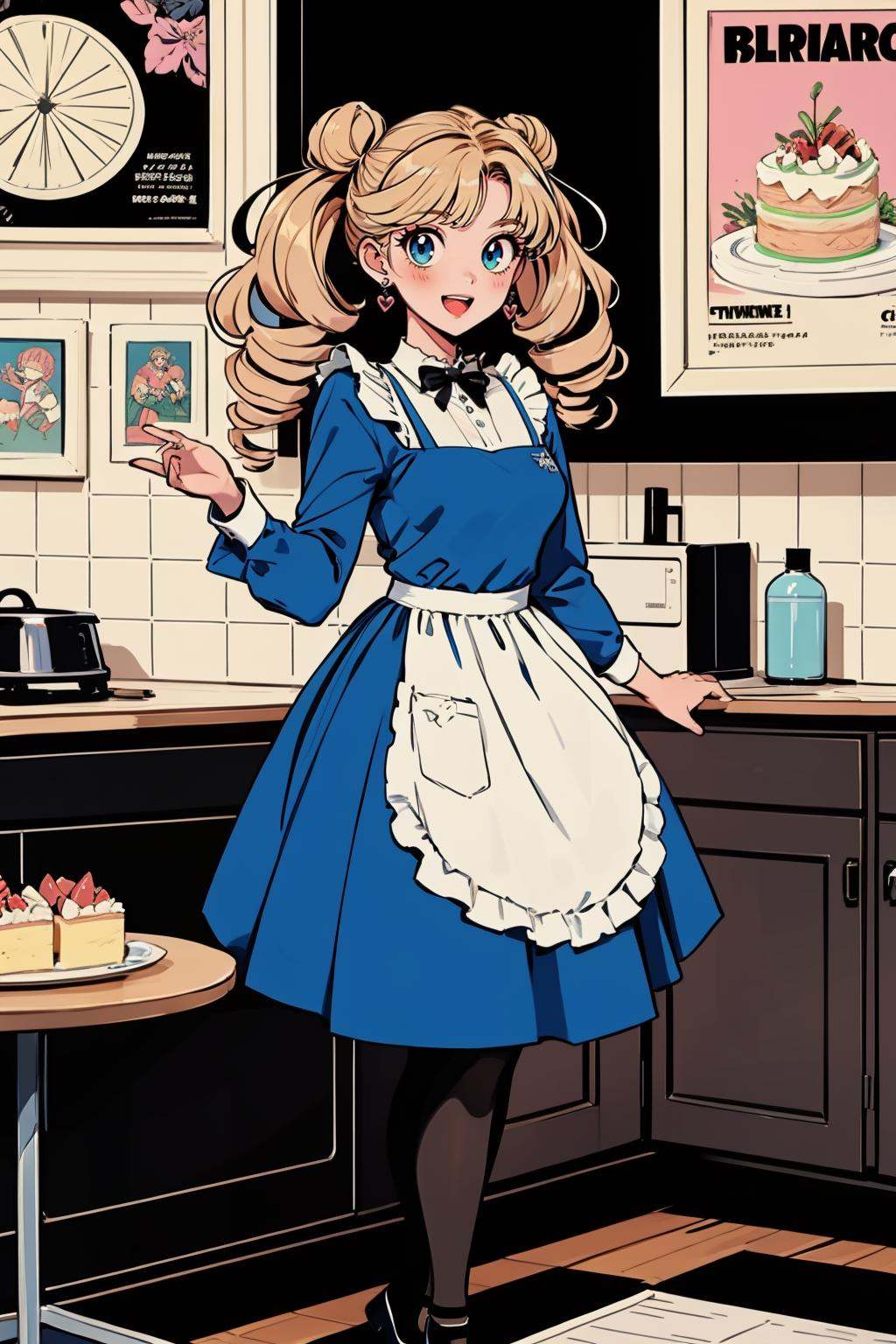 hezi,Showa Manga style,avatar,secondary Yuan,retro,sense of time,jewelry,earrings,necklace, lol style, Splash art, Cool, game art, Game art, LOL propaganda poster texture, smile, bangs, bow, long hair, dress, indoors, 1girl, oversized object, blonde hair, twin drills, teeth, :d, holding, pink hair, drill hair, striped, long sleeves, black bow, hair bow, two-tone hair, upper teeth only, food, twintails, multicolored hair, maid, pantyhose, blue dress, shoes, pink flower, open mouth, tongue, bowtie, maid headdress, heterochromia, black footwear, frilled dress, shiny, flower, frills, green hair, cone hair bun, window, cake, parted bangs, striped pantyhose, heart, official alternate costume, table, feet out of frame, apron, standing, shiny hair, leg up, hair bun, black bowtie, green eyes, foot out of frame, white apron, solo, looking at viewer, creature, blue eyes,<lora:昭和日漫风格-000021:0.6>,
