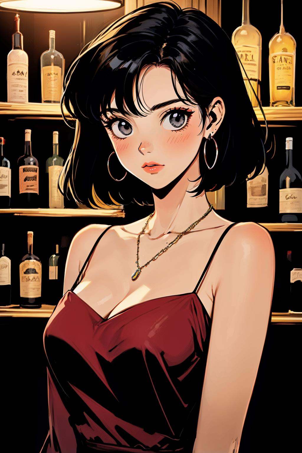 hezi,Showa Manga style,avatar,secondary Yuan,retro,sense of time,1girl,jewelry,earrings,solo,black hair,necklace,bar \(place\),short hair,blush,hoop earrings,looking at viewer,grey eyes,bottle,breasts,upper body,collarbone,dress,bare shoulders,spaghetti strap,indoors,red dress,cleavage,detached sleeves,black eyes,alcohol,shelf,<lora:昭和日漫风格-000021:0.6>,