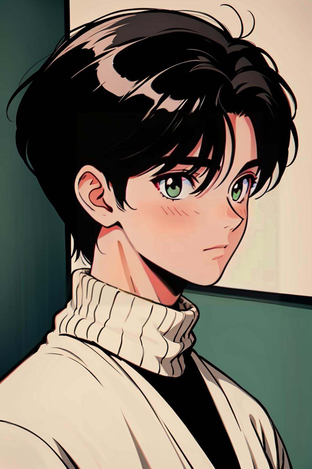hezi, Showa Manga style, avatar, secondary Yuan, retro, sense of time, 1boy, male focus, solo, black hair, green eyes, closed mouth, black sweater, short hair, upper body, looking to the side, retro artstyle, turtleneck, bangs, portrait, 1990s \(style\), hair between eyes, indoors, sweater, shirt, grey eyes, expressionless, black shirt, photo background, jacket<lora:昭和日漫风格-000021:0.6>,