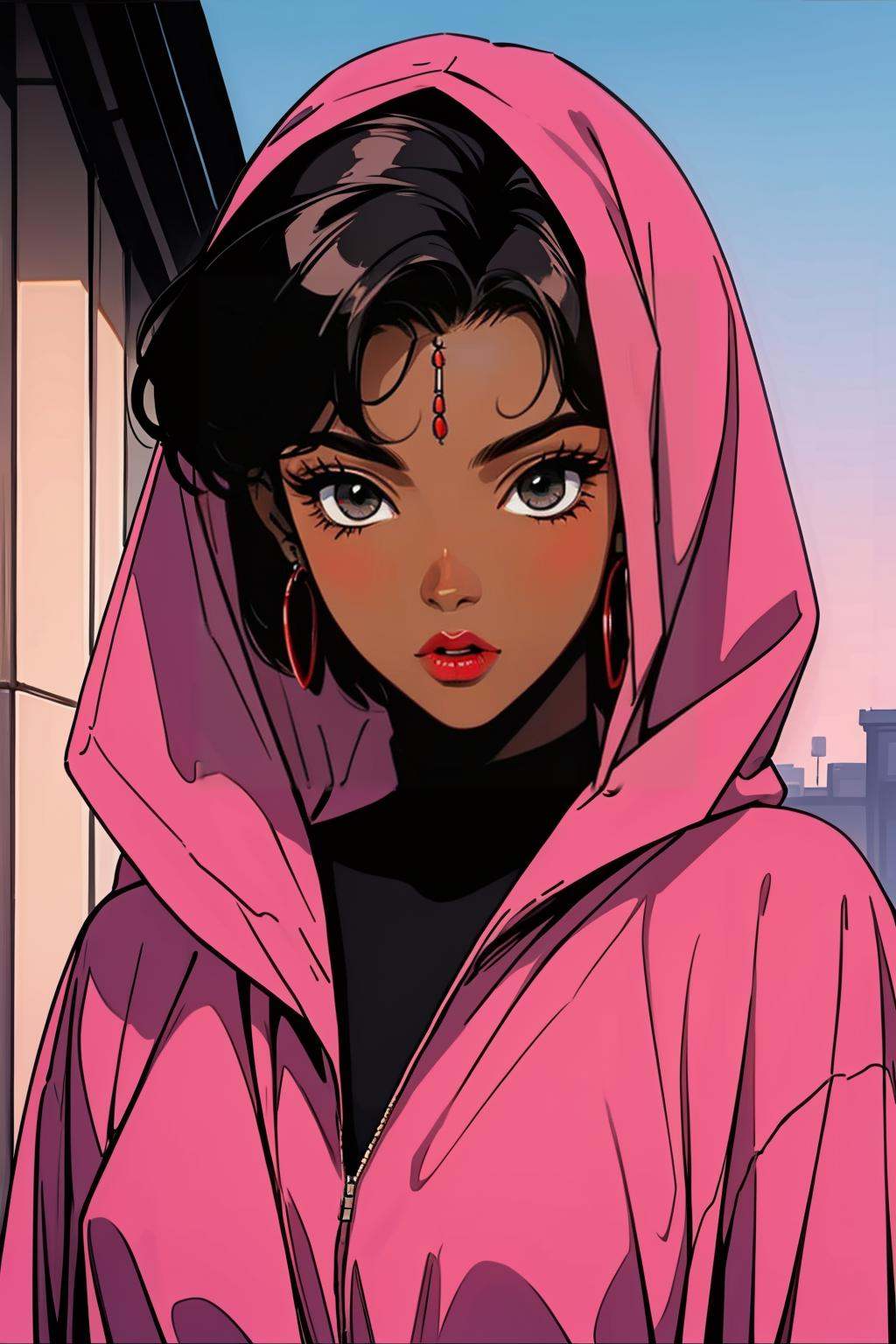 hezi, Showa Manga style, avatar, secondary Yuan, retro, sense of time, 1girl, dark skin, jewelry, solo, earrings, dark-skinned female, looking at viewer, black hair, red lips, makeup, red hood, hoop earrings, hood, cloak, lipstick, black eyes, outdoors, upper body, closed mouth, blurry, day, blurry background, lips, red cloak, grey eyes, sky, robe, short hair, very dark skin, hood up, forehead jewel,<lora:昭和日漫风格-000021:0.6>,