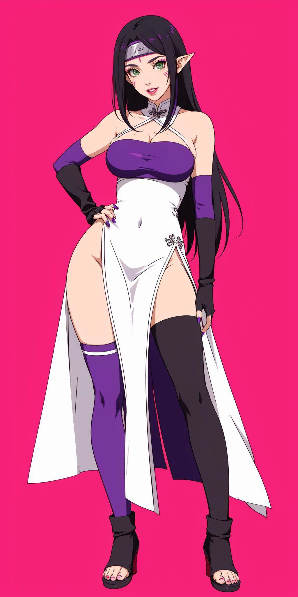 hezi,Naruto character design,headband,Character Design, animation art, quadratic, bright colors, 1girl, solo, thighhighs, long hair, green eyes, breasts, black hair, multicolored hair, looking at viewer, white background, very long hair, smile, full body, chinese clothes, black thighhighs, dress, simple background, large breasts, hair ornament, pelvic curtain, pointy ears, makeup, high heels, bridal gauntlets, standing, pink hair, bare shoulders, china dress, forehead mark, fingernails, mole, gloves, elbow gloves, side slit, purple hair, streaked hair, facial mark, purple dress, boots, personification, eyeshadow, genderswap, wide hips, genderswap \(mtf\), tassel, lipstick, black gloves, two-tone hair, nail polish,<lora:火影人物设计2.0-000014:0.6>,