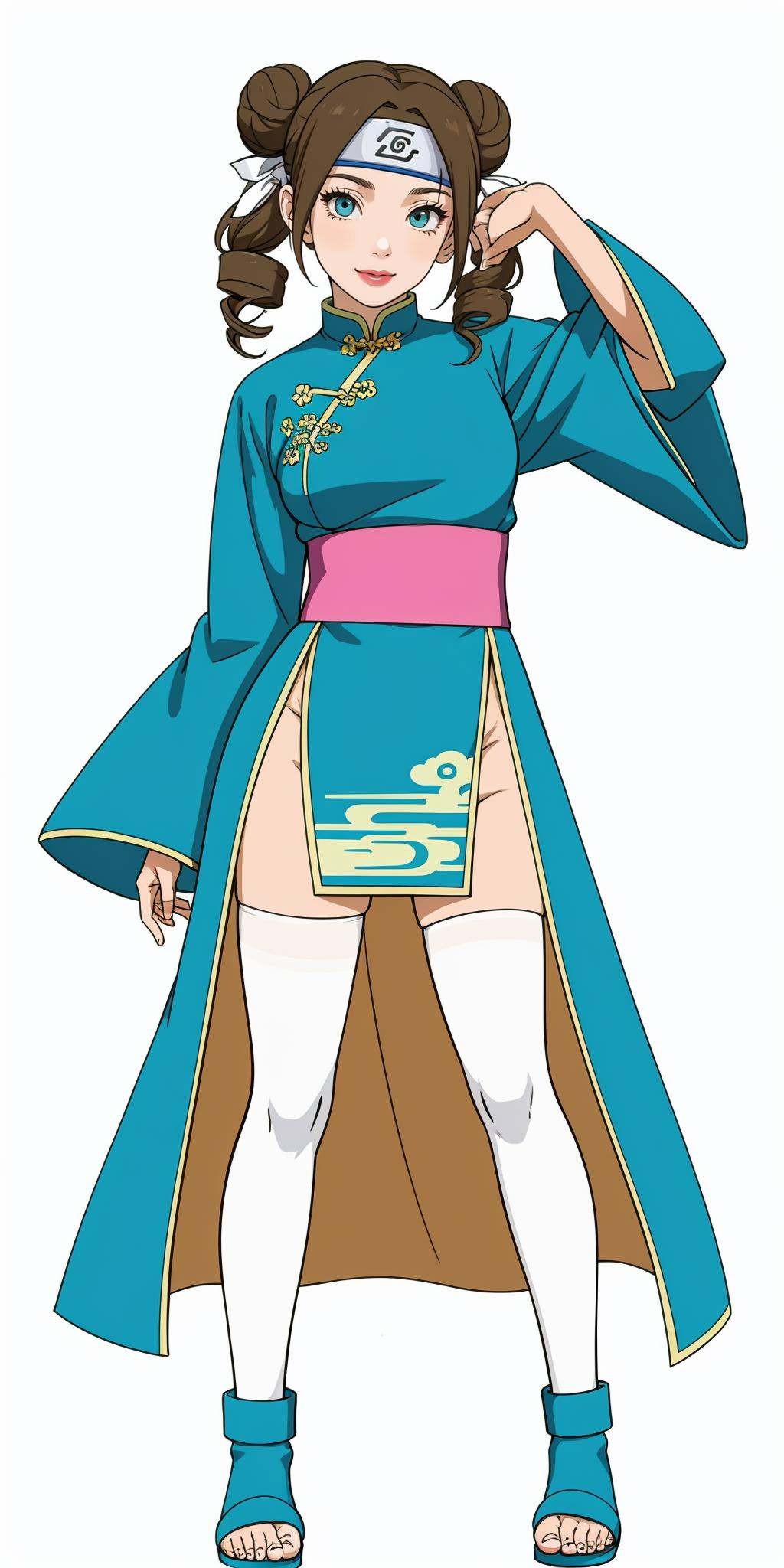 hezi,Naruto character design,(headband:1.3),Character Design,animation art,quadratic,bright colors,1girl,solo,thighhighs,long hair,blue eyes,full body,white thighhighs,brown hair,drill hair,white background,ribbon,simple background,smile,hair ribbon,standing,chinese clothes,looking at viewer,jewelry,bracelet,green footwear,long sleeves,dress,blue footwear,wide sleeves,shoes,sash,hair rings,bangs,green dress,makeup,adjusting hair,hand up,double bun,lipstick,over-kneehighs,light brown hair,skirt,twin drills,zettai ryouiki,hair bun,high heels,<lora:火影人物设计2.0-000014:0.6>,