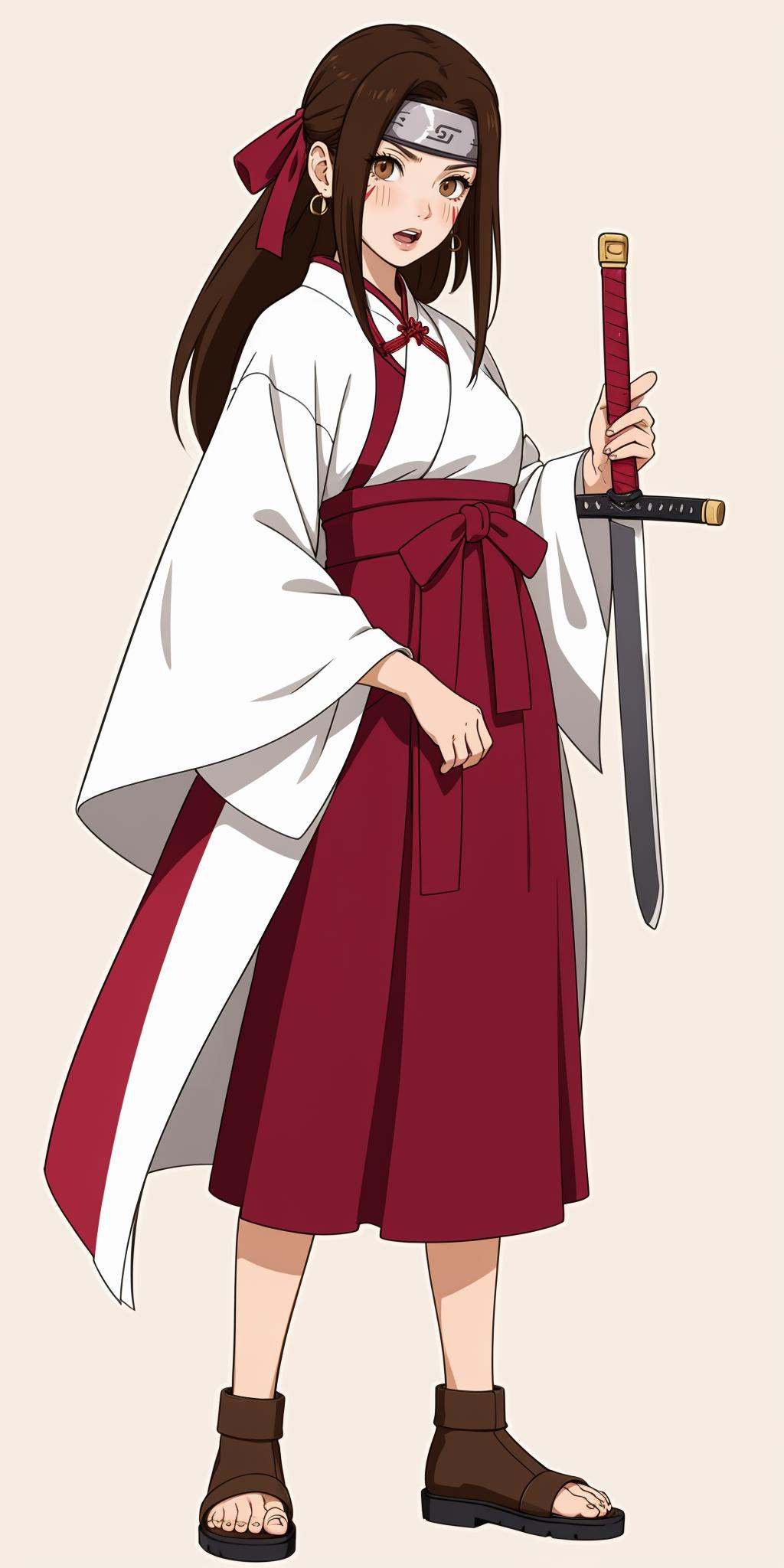 hezi,Naruto character design,headband,Character Design,animation art,quadratic,bright colors,1girl,weapon,solo,sword,holding weapon,long hair,holding sword,brown hair,blush,simple background,holding,chinese clothes,open mouth,full body,hanfu,grey background,long sleeves,standing,ribbon,earrings,brown eyes,skirt,jewelry,hair ribbon,facial mark,red ribbon,looking at viewer,forehead mark,long skirt,brown footwear,robe,<lora:火影人物设计2.0-000014:0.6>,